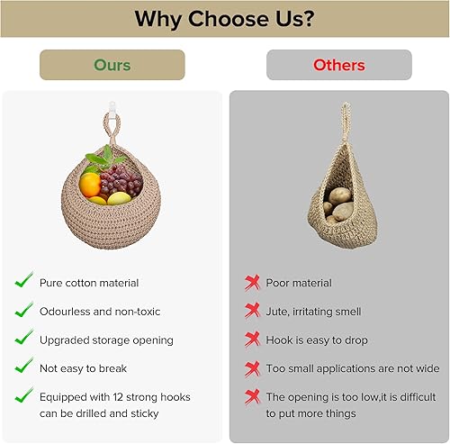 Miniatura 4 de Cestas colgantes de frutas para cocina, 6 cestas colgantes bohemias de pared con 12 ganchos fuertes para almacenamiento, cestas de verduras, frutas,