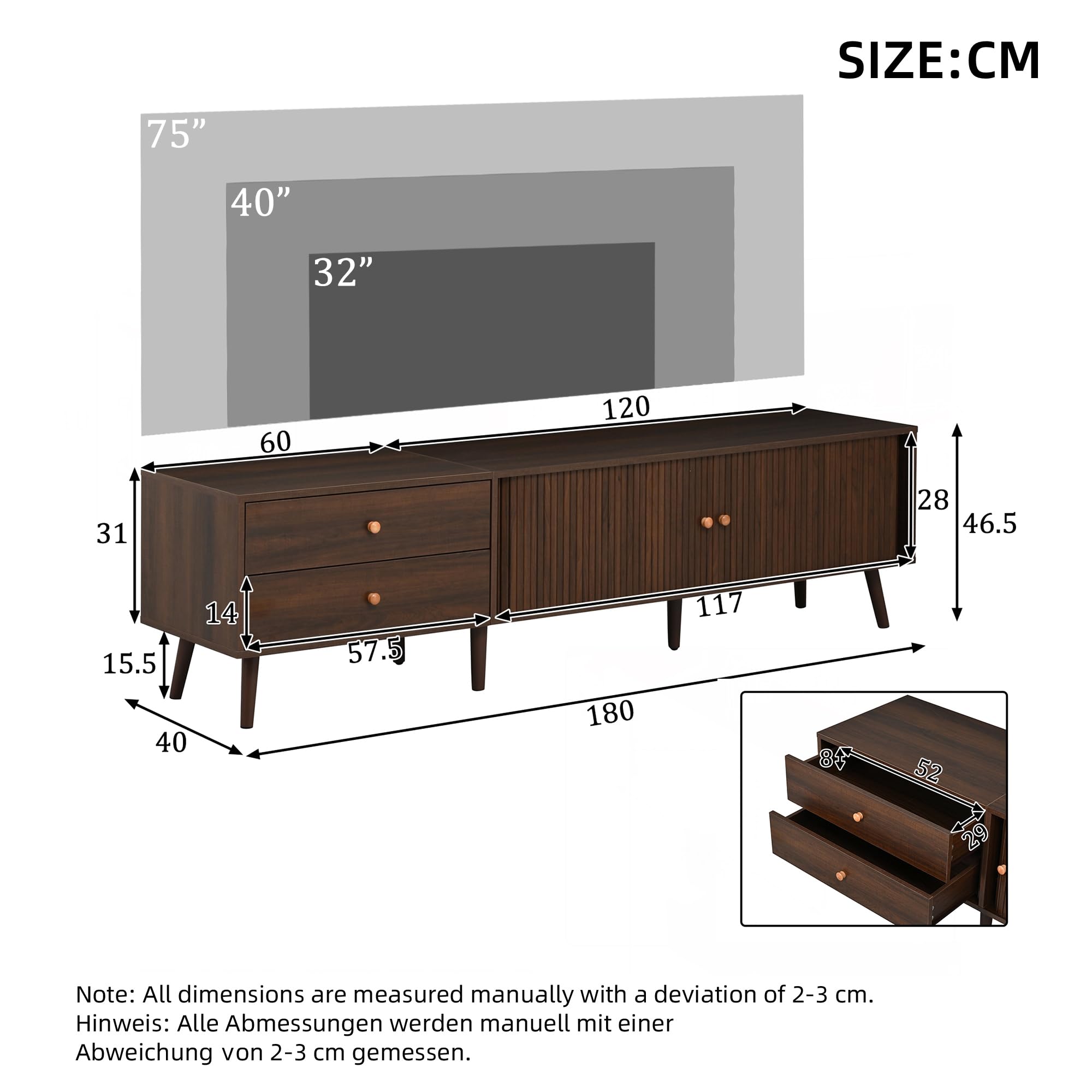 Mueble para TV de 180 x 40 x 46,5 cm, efecto nogal, con dos cajones, dos puertas enrollables y 7 patas. Adecuado para televisores de hasta 80 pulgadas. Mueble bajo, armario de salón, soporte