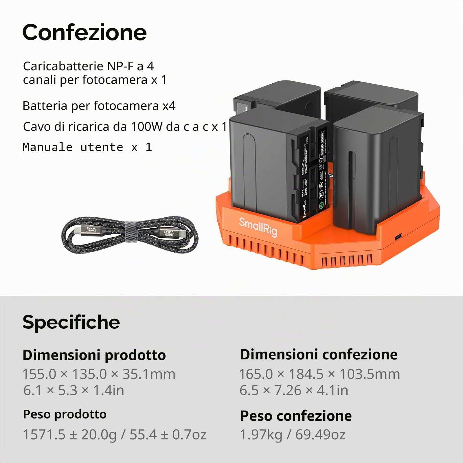 SMALLRIG Batterie per Fotocamera, con Ricarica Rapida PD 100W, Display OLED, Caricabatterie a 4 Canali per Sony NP-F970, NP-F550, NP-F570, NP-F750, per Fotocamera, Videocamera, Monitor - 4834