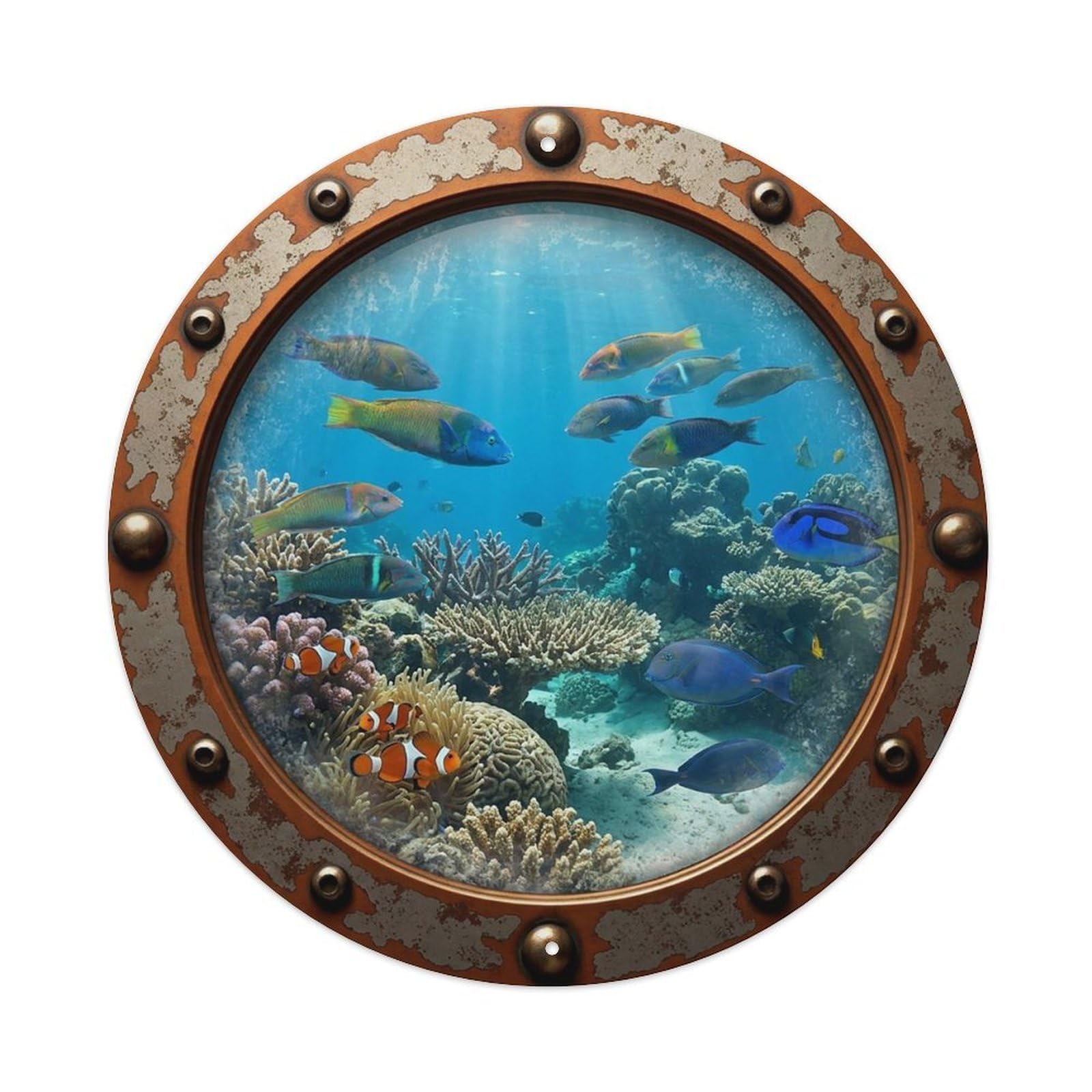 Gead 8X8inch Style Vintage Porthole Wrasse Fish Nautical Window View Metal Tin Sign