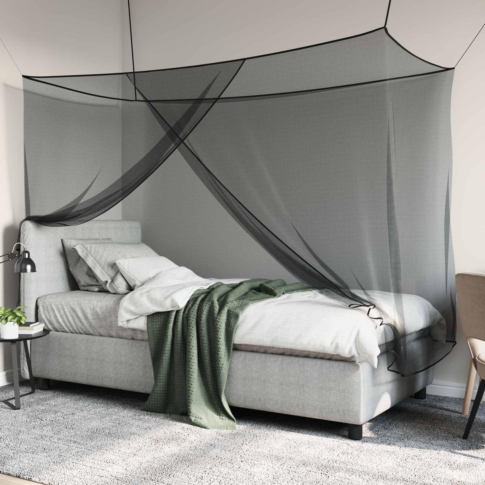 Moskito-Netz für Bett aus Polyester, 156 Maschen, 3er Set schwarz, für Schlafzimmer, Mückennetz für Innenbereich, 220 x 100 x 150 cm, mit Seil und Schrauben