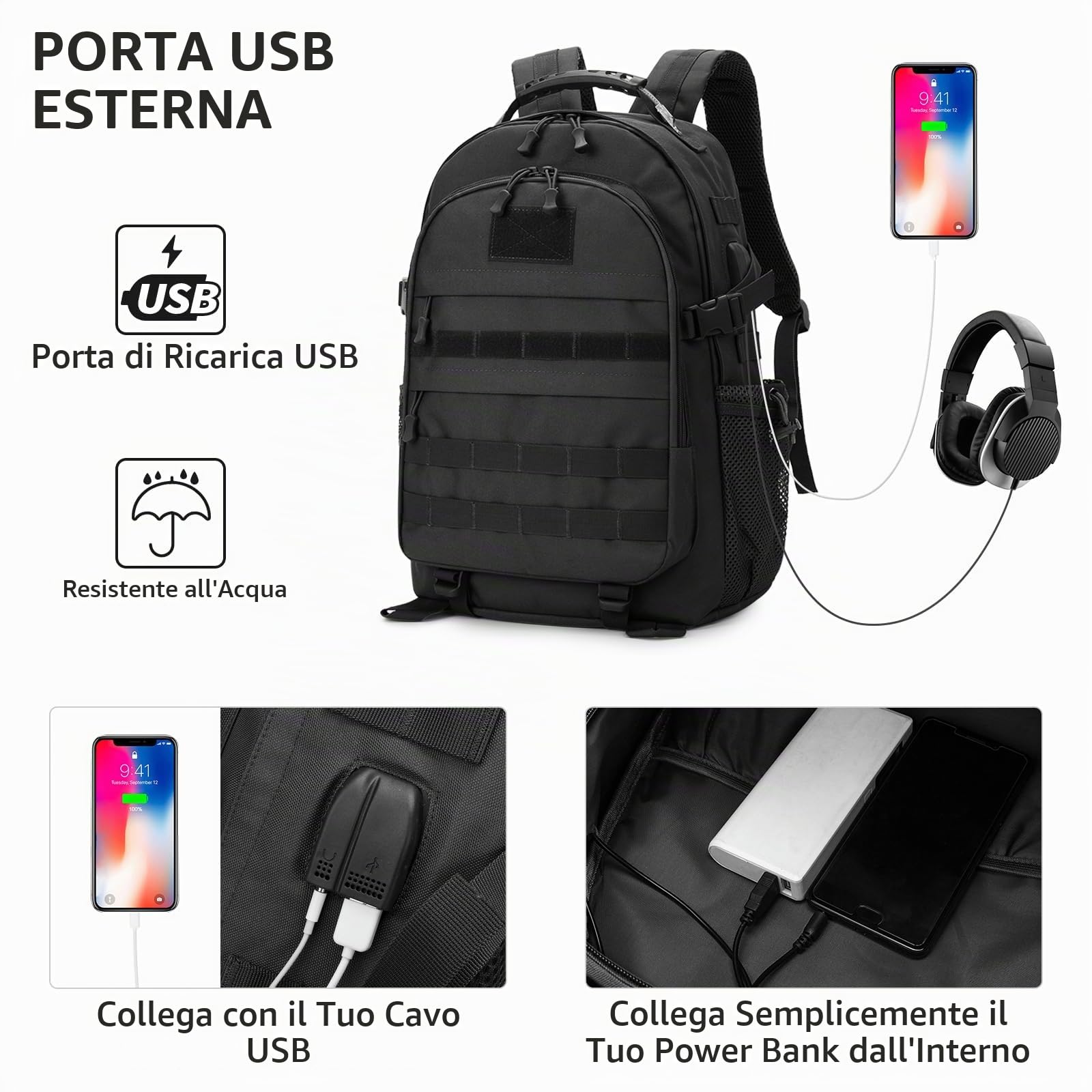 VINBAGGE 35L Zaino Tattico Militare Molle Zaino Moto Unisex Multifunzione da Assalto per Caccia Campeggio all'aperto Viaggio Escursionismo,Nero