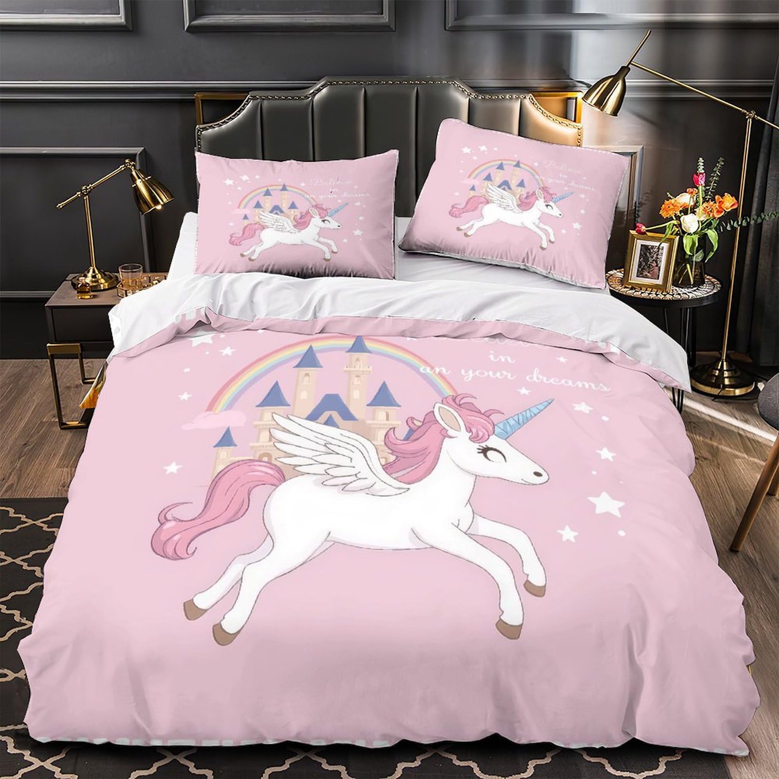 Housse de couette licorne hypoallergénique anti-acariens lit enfant 140x200cm doux