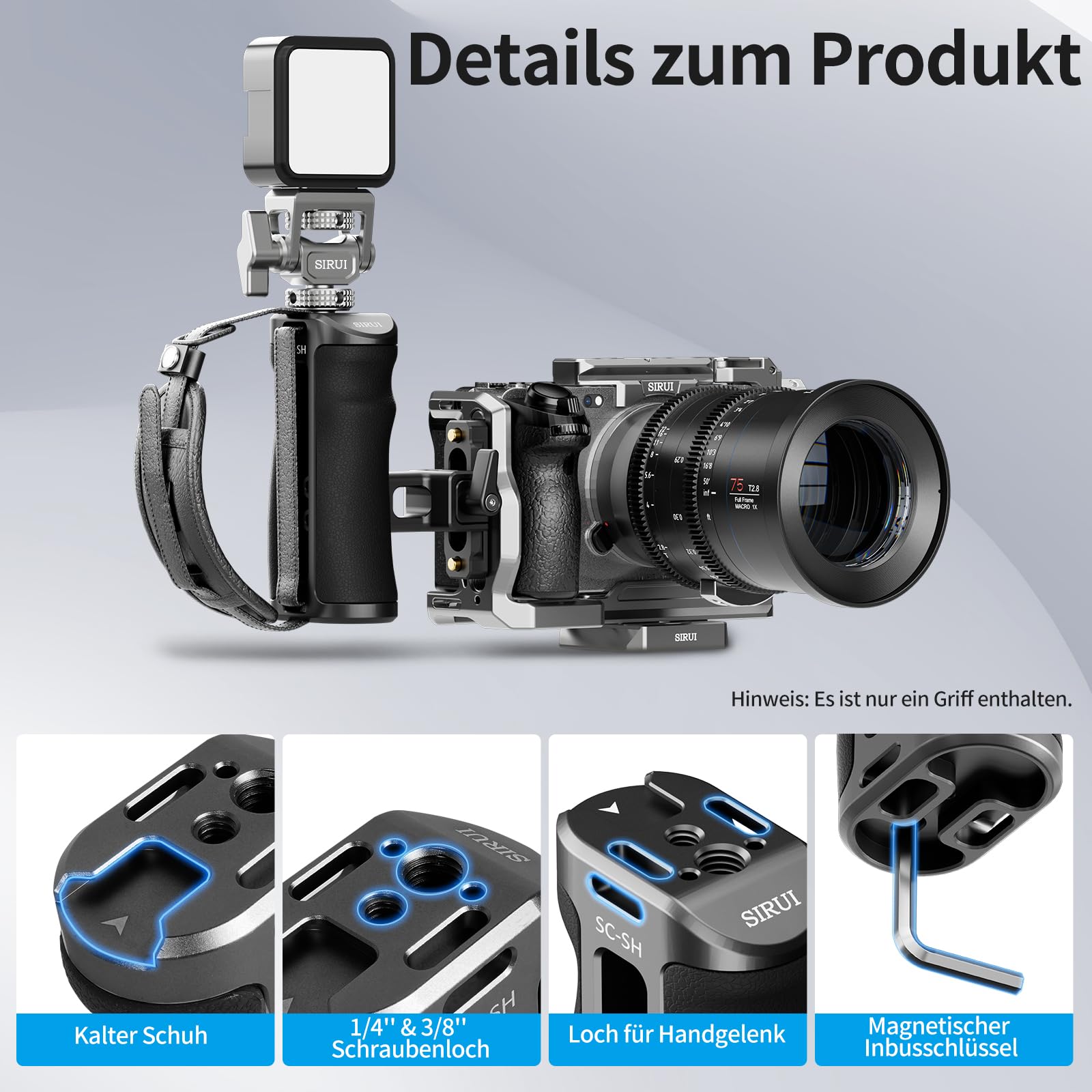 SIRUI Seitenhandgriff, Side Handle für Kamerakäfig, Zwei Befestigungsmöglichkeiten, NATO-Schiene, Fixierschraube, 3/8"-16 Schraube, 1/4"-20 Schrauben, rechts/Links verwendbar (SC-SH)