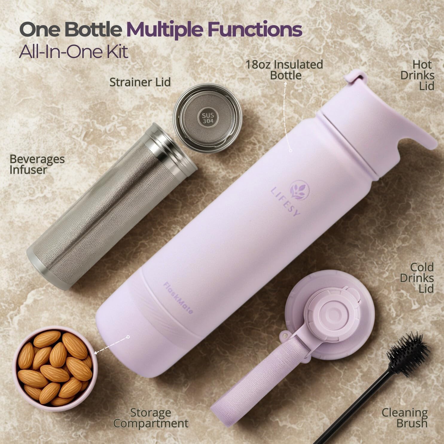 Tea Infuser Bottle & Cold Brew Travel Bottle – 18oz Insulated Flask with Storage, Filter & Dual Lids – For Work, Wellness & Gym – FLASKMATE All-in-One System (Mystic Lilac) - Image 2