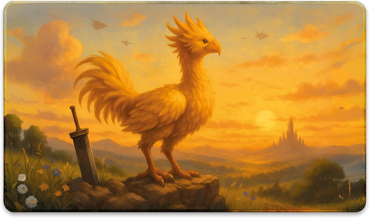 Sunset Sentinel Chocobo (Stitched) - MTG Playmat - Compatible with Magic The Gathering Playmat - Play MTG, YuGiOh, TCG - Original Play Mat Art Designs & Accessories