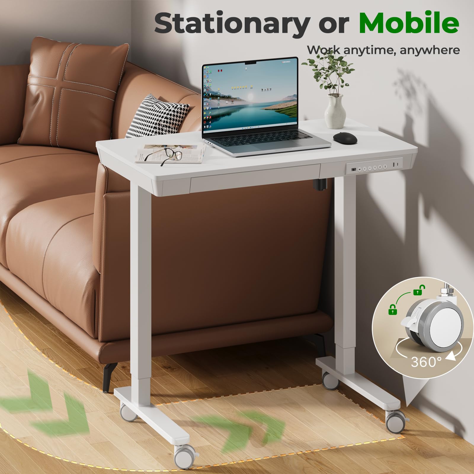 Small Standing Desk with Drawer 35 x 20 Whole Piece Tabletop Electric Sit Stand Desk Height Adjustable Desk — view 9