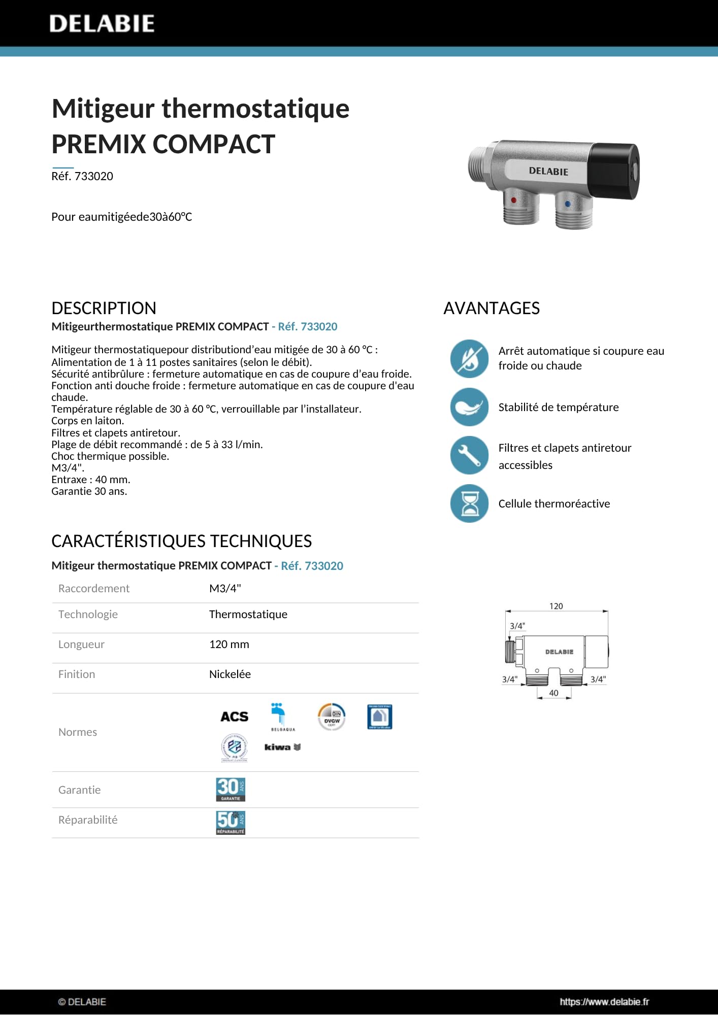 mitigeur thermostatique - pour distribution eau de 30 à 60 degrès - delabie 733020