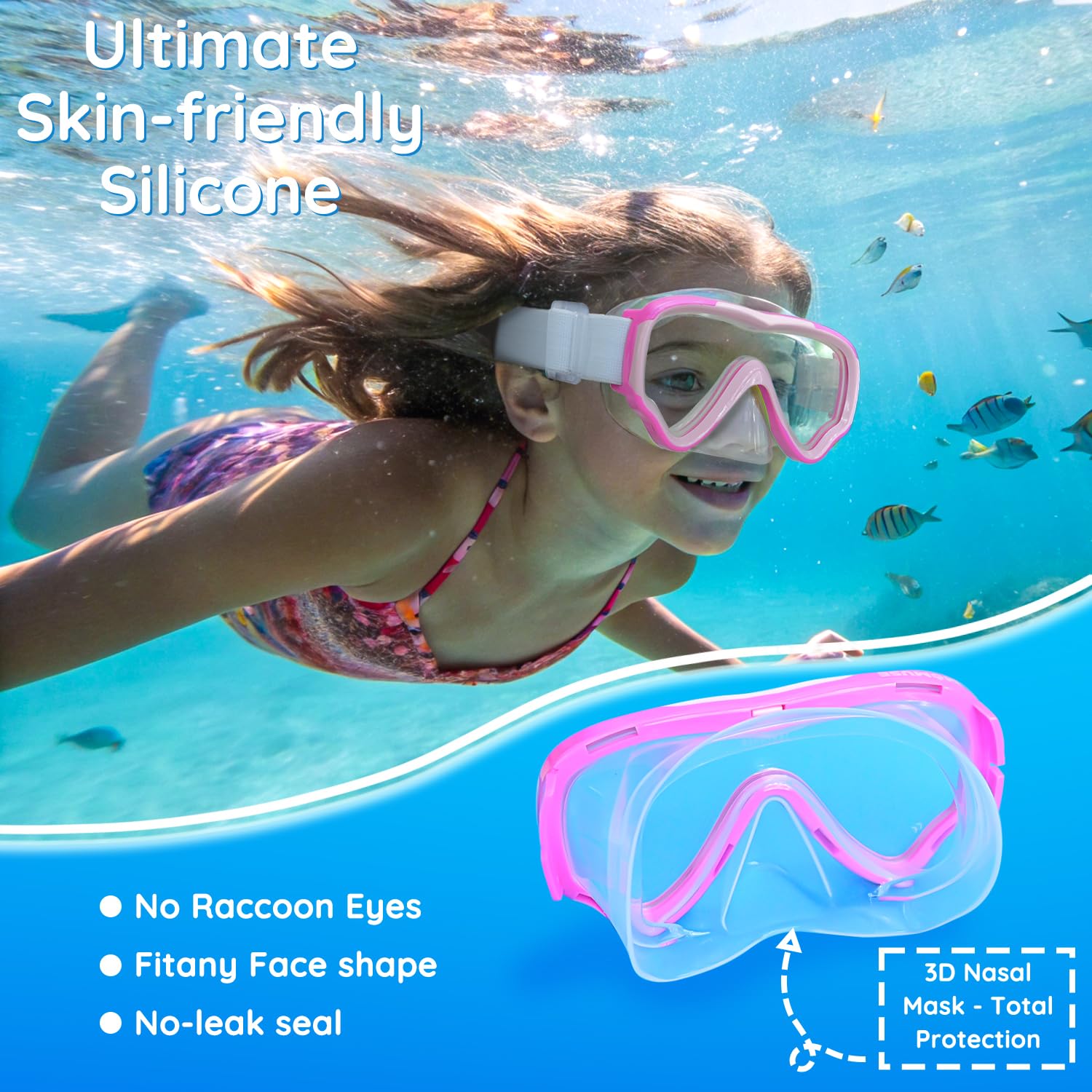 MOMUSE okulary do nurkowania dla dzieci z miękką taśmą z materiału, okulary do pływania dla dzieci z osłoną nosa 3D, maska do nurkowania, ochrona przed zaparowaniem i nietłukącą soczewką, maska do