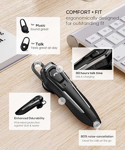 Miniatura 5 de ZOUKAI Auriculares Bluetooth, cancelación de ruido con 2 micrófonos, 30 horas de tiempo de conversación, anuncia identificación de llamadas,