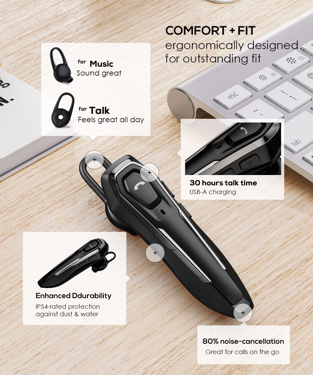 Auricolare Singolo Bluetooth 5.0, con cancellazione del rumore, Auricolari Bluetooth mono vivavoce 30 ore di conversazione, Cuffie wireless Bluetooth per camionisti/magazzini