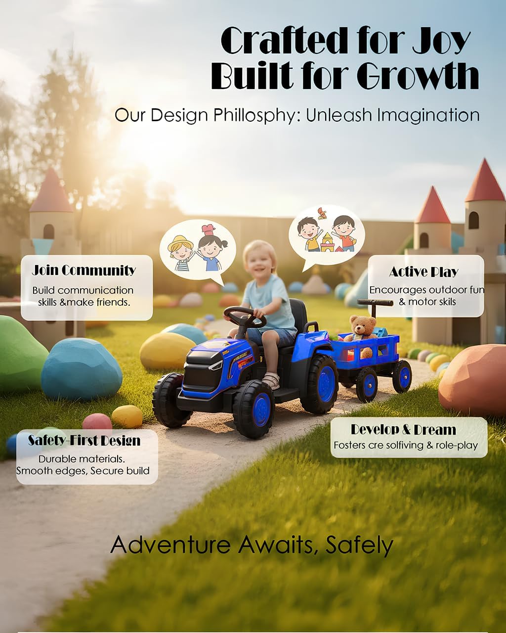 Garvee Toddlers Ride on Tractor with Detachable Garden Cart, 12V Electric Kids’ Vehicle with Trailer, Ages 3–8, Max Load 66 Lbs, Up to 2.5 Mph, Battery-Powered 8-Wheel, Remote Control, Garden Game
