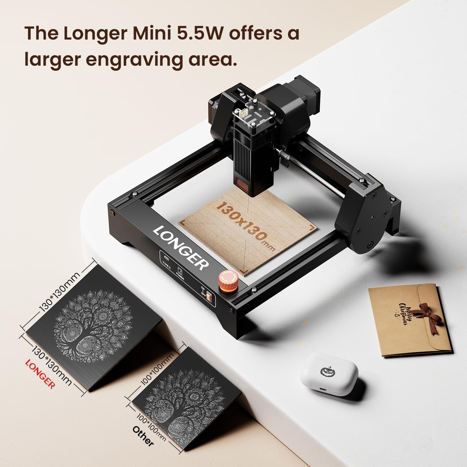 LONGER Ray5 mini Incisore Laser, Incisore Laser 5.5W ad alta velocità con Wi-Fi, Arresto di Emergenza, CNC per DIY e incisione su legno, metallo, acrilico e pelle, area di lavoro 130 × 130 mm