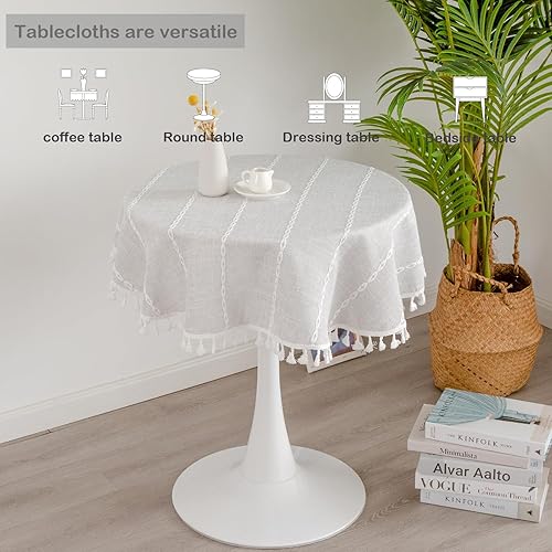 Miniatura 5 de YZKITM Mantel redondo rústico pequeño lavable a rayas de lino jacquard de peso pesado estilo granja con borlas para cocina, comedor, fiesta,