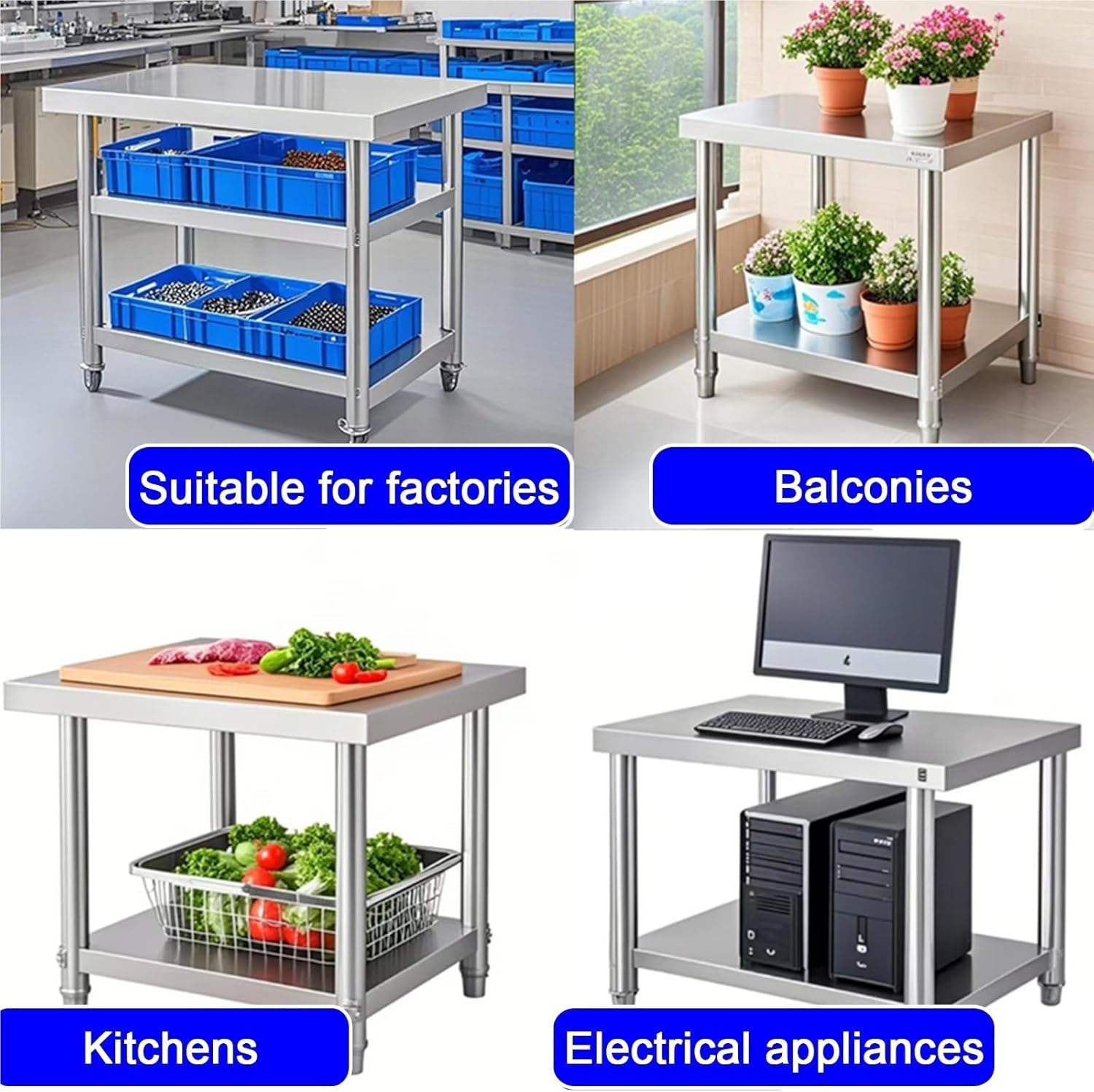 2-Tier Stainless Steel Workbench H 50/70/80cm Home Kitchen Work Table Bottom Storage Shelf Countertop Reinforcement Beams Commercial Prep Tables Adjustable Feet