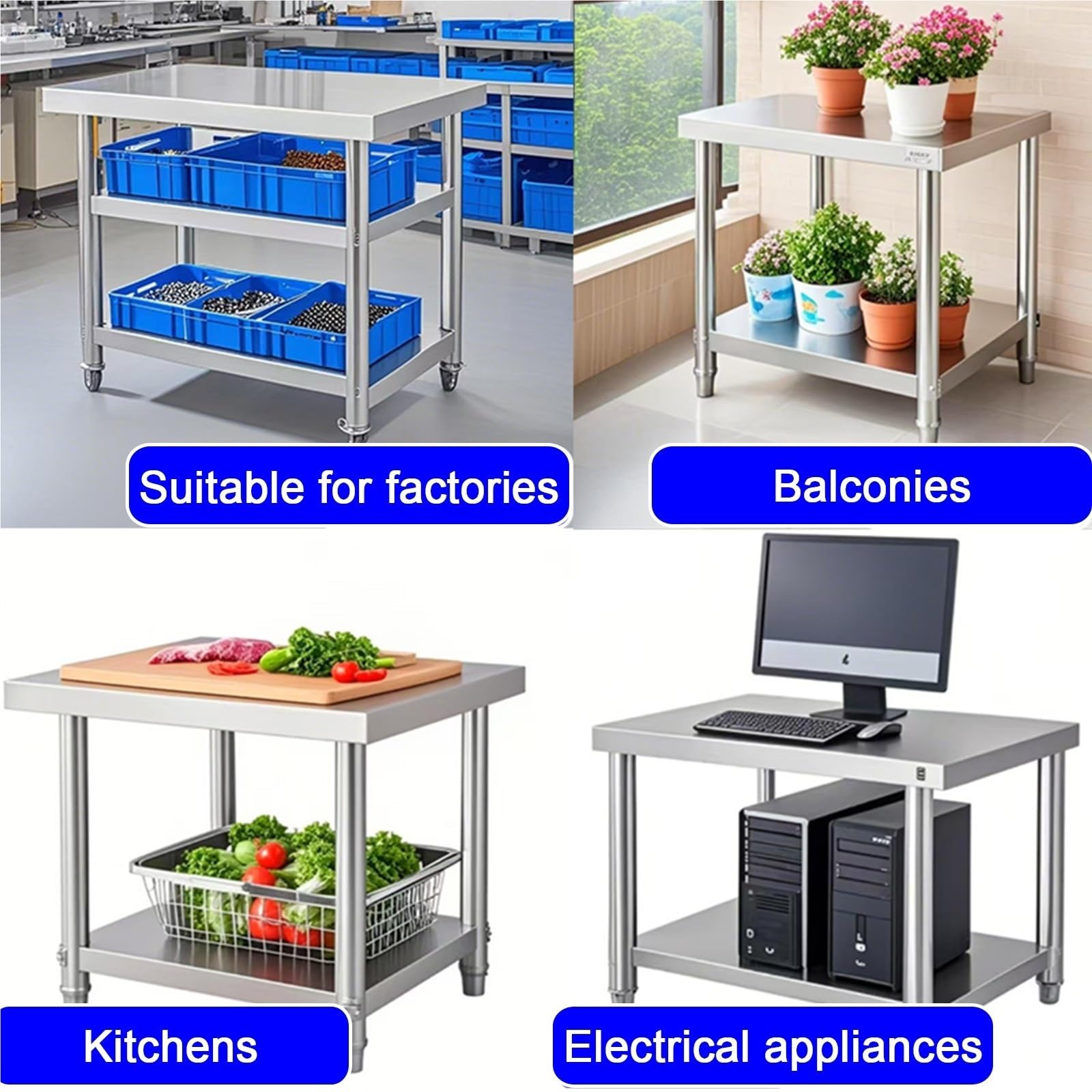 Banco da lavoro regolabile in acciaio inox con ripiano portaoggetti, altezza regolabile, versatile superficie di lavoro per cucina, ristorante, uso commerciale e industriale