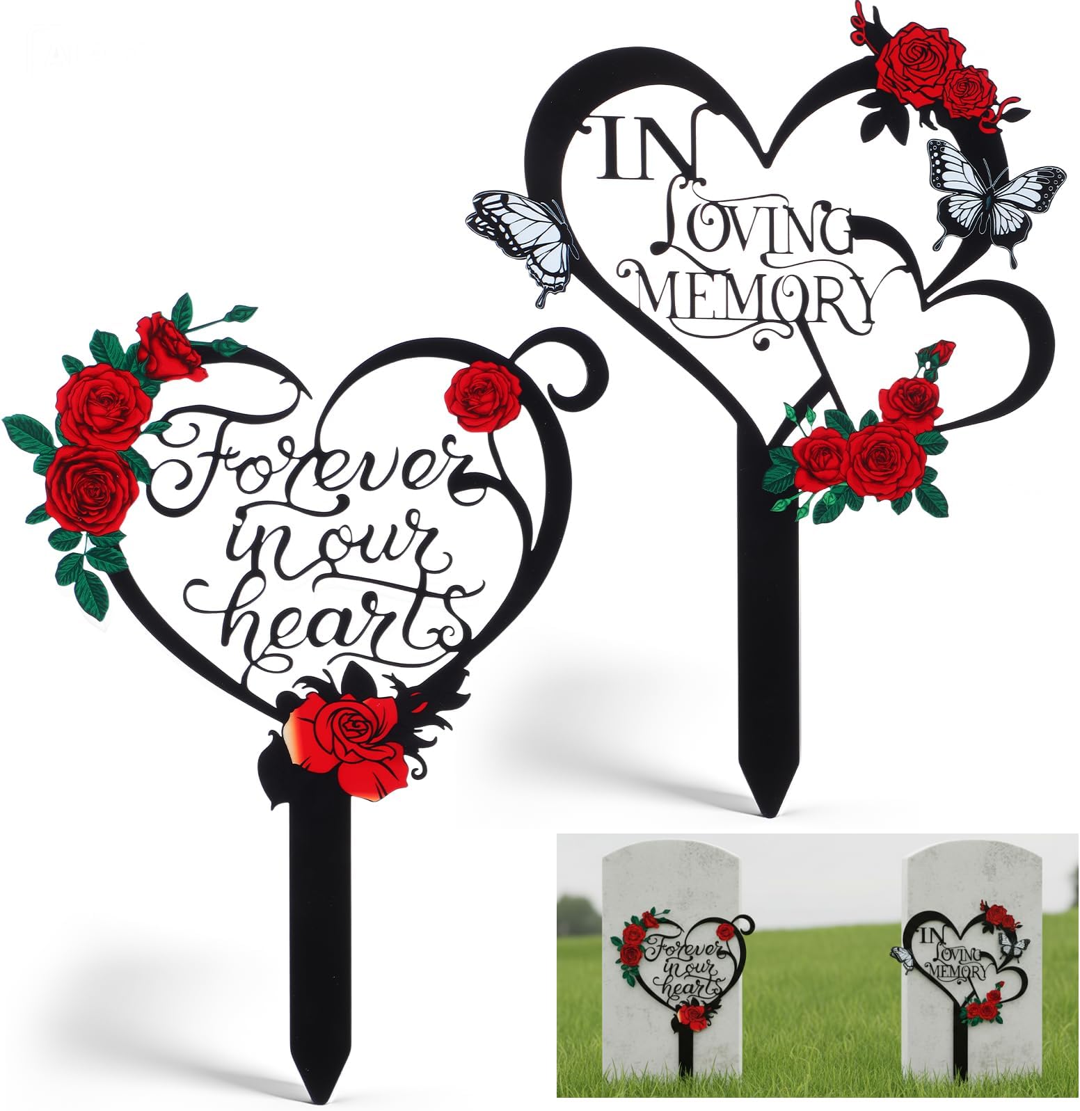 Frienda 2 Pcs Memorial Grave Markers Heart Rose Plaque Stake Large Cemetery Decorations for Miss You Memorial Metal Grave Markers for Mom Dad Cemetery Outdoors Yard Garden (11 x 15.5 Inches)