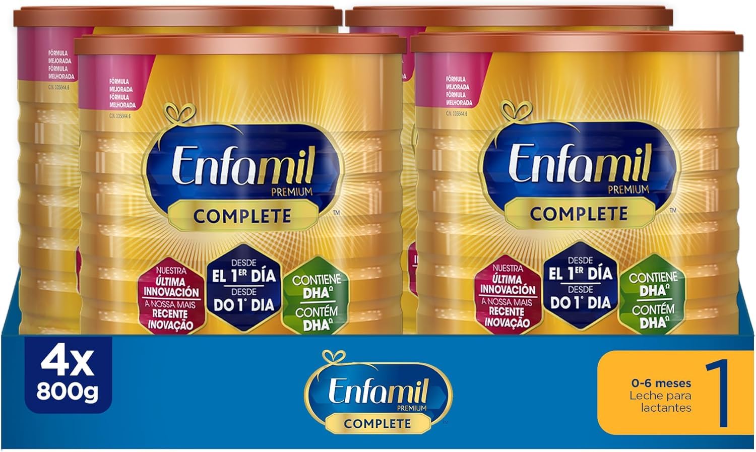 Enfamil Pack x4 Complete 1 Leche infantil para lactantes de 0 a 6 meses de edad, fórmula para bebés recién nacidos, Pack de 4 x 800 gr