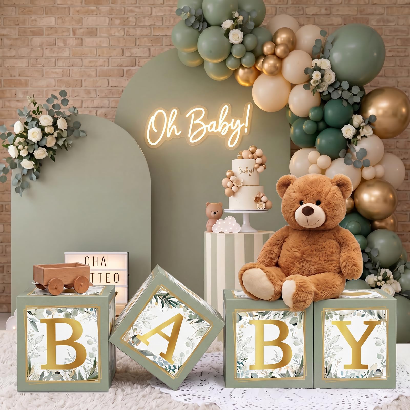 RUBFAC Baby Shower Boxes with Letters, 4pcs Sage Green Baby Shower Decorations for Boy Girl Balloon Boxes Gender Reveal Birthday Party Favors