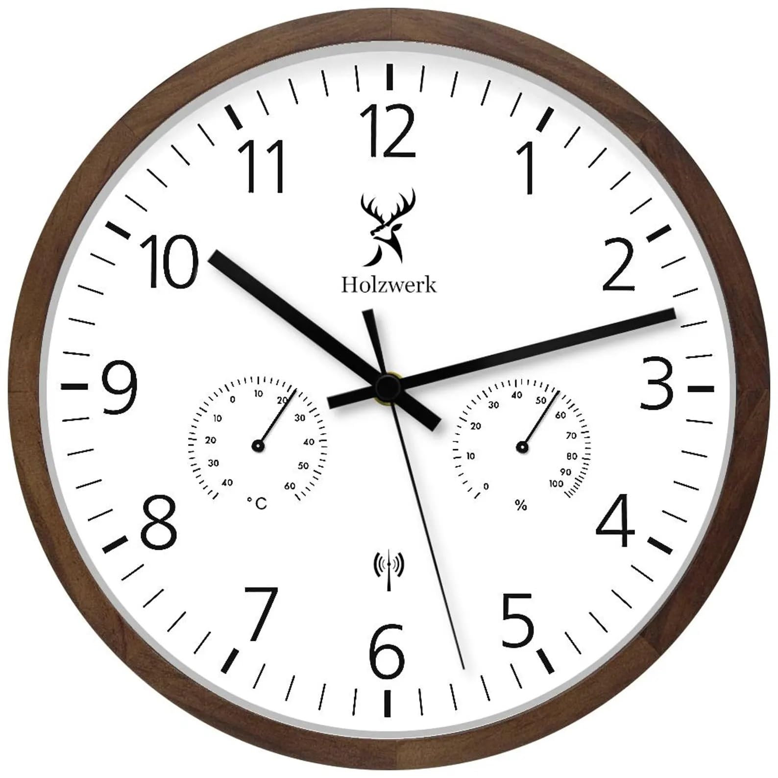Holzwerk WEGBERG - Orologio da parete radiocomandato con indicatore di temperatura e igrometro Umidità, termometro, orologio in legno, movimento silenzioso, senza ticchettio, marrone, bianco, in legno