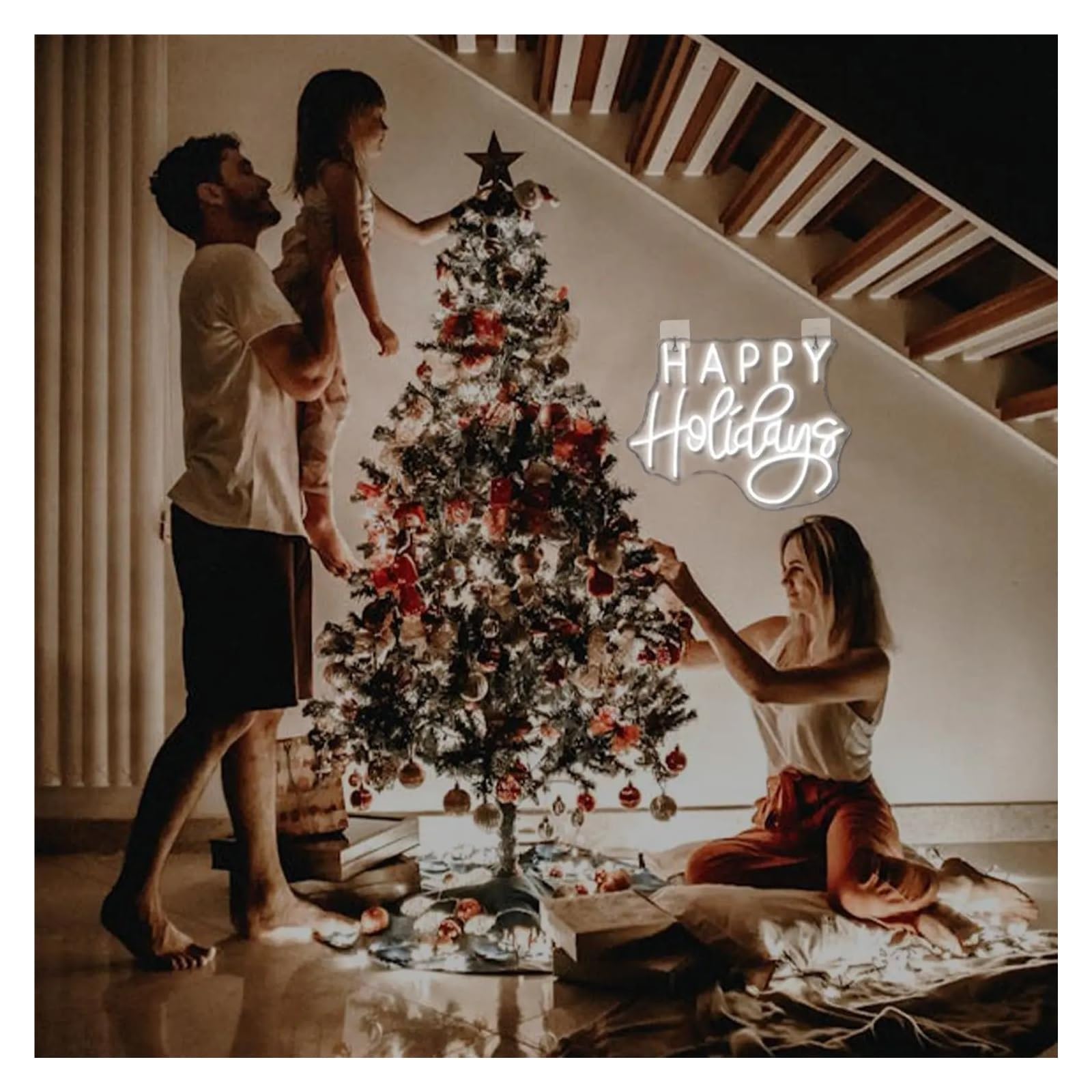 XENITE Luces Art Decoration Christmas Letrero De Neón Happy Holidays Con Atenuación USB Para Fiestas, Ventanas, Dormitorios, Salas De Estar, Bares, Decoración Del Hogar, 38x29cm