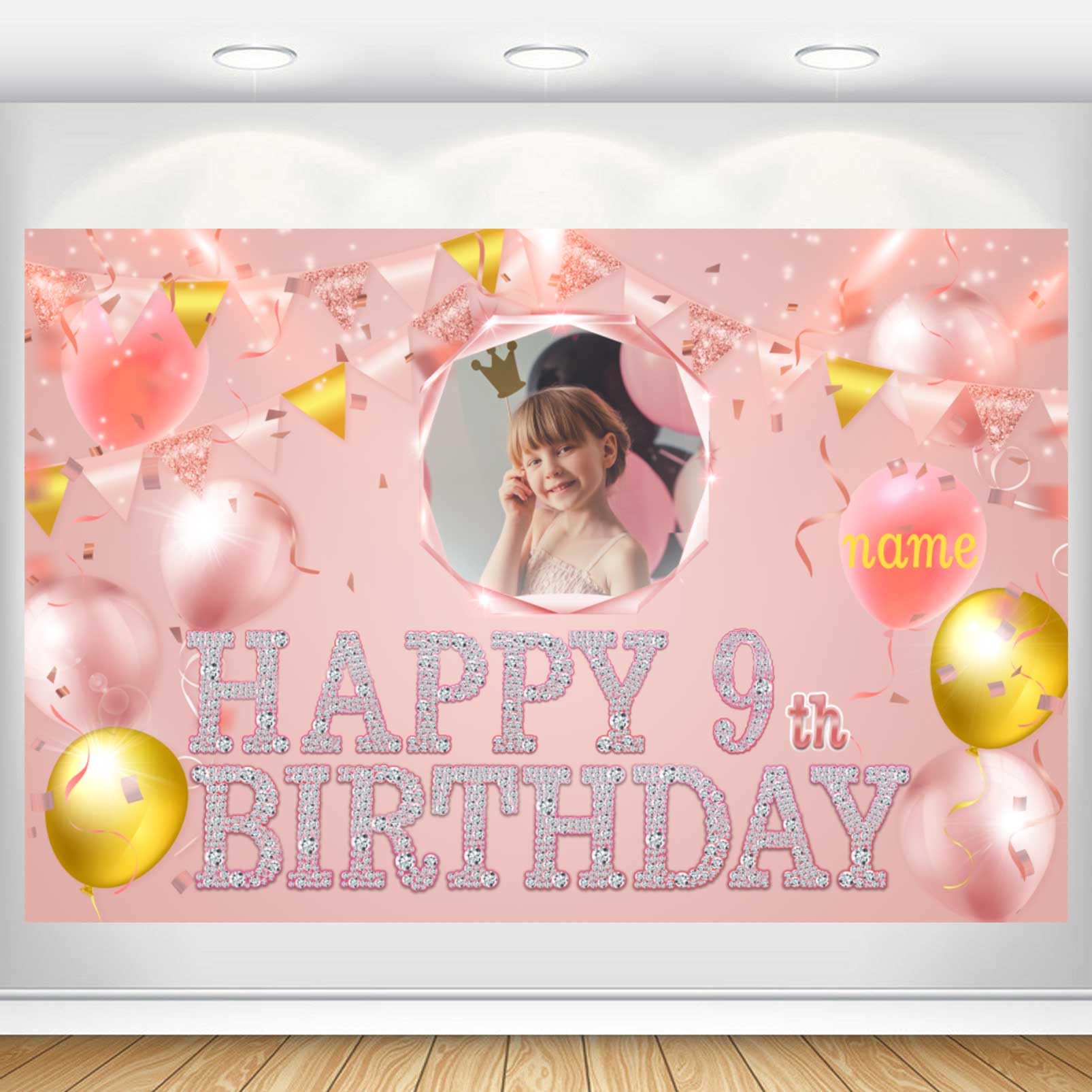 Dicodes Custom Rose Gold Pink Theme 9th Birthday Banner for Party Happy Birthday Backdrop Decoration Personalized with Name and Photo(9th)