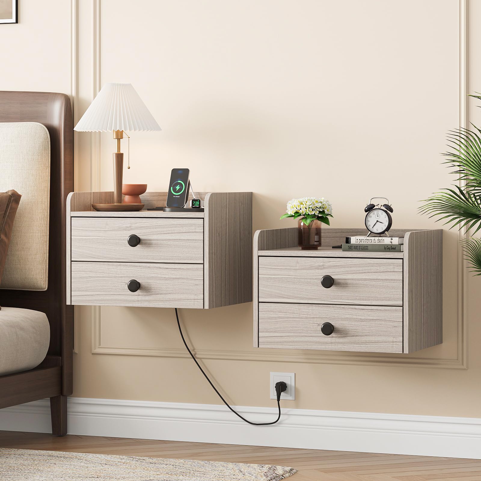 Floating Nightstand Set of 2 with 2 Storage Drawers and Charging Station Wood Wall Mounted Bedside End Table Modern Night Stands Set 2 for Bedroom,