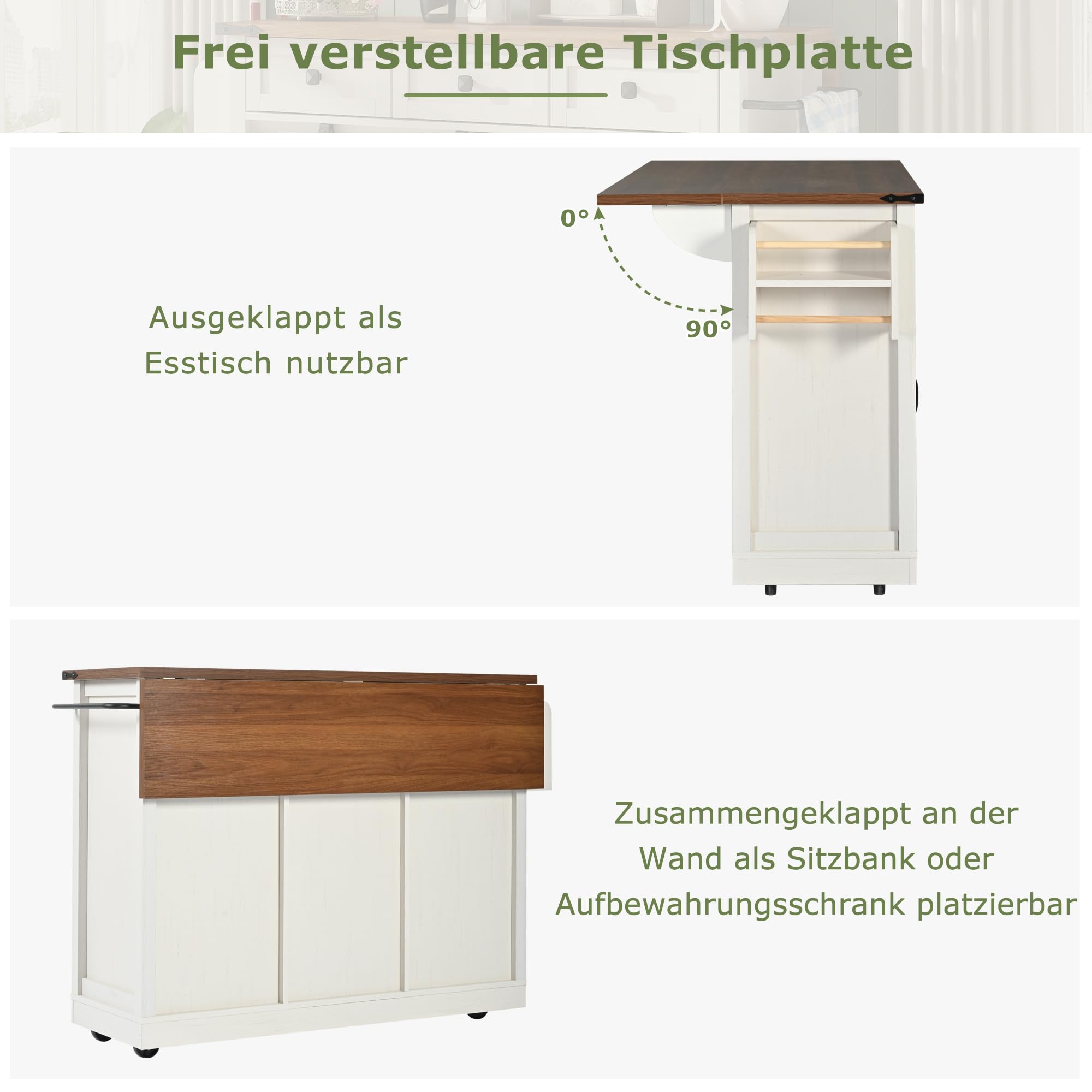 Rtopsu Bewegliche Kücheninsel Küchenwagen, Küchenrollwagen Rollwagen mit Schubladen und Handtuchhalter, Servierwagen aus Holz mit Arbeitsplatte und Rollen für Küche, Beige, 140x94x73 cm