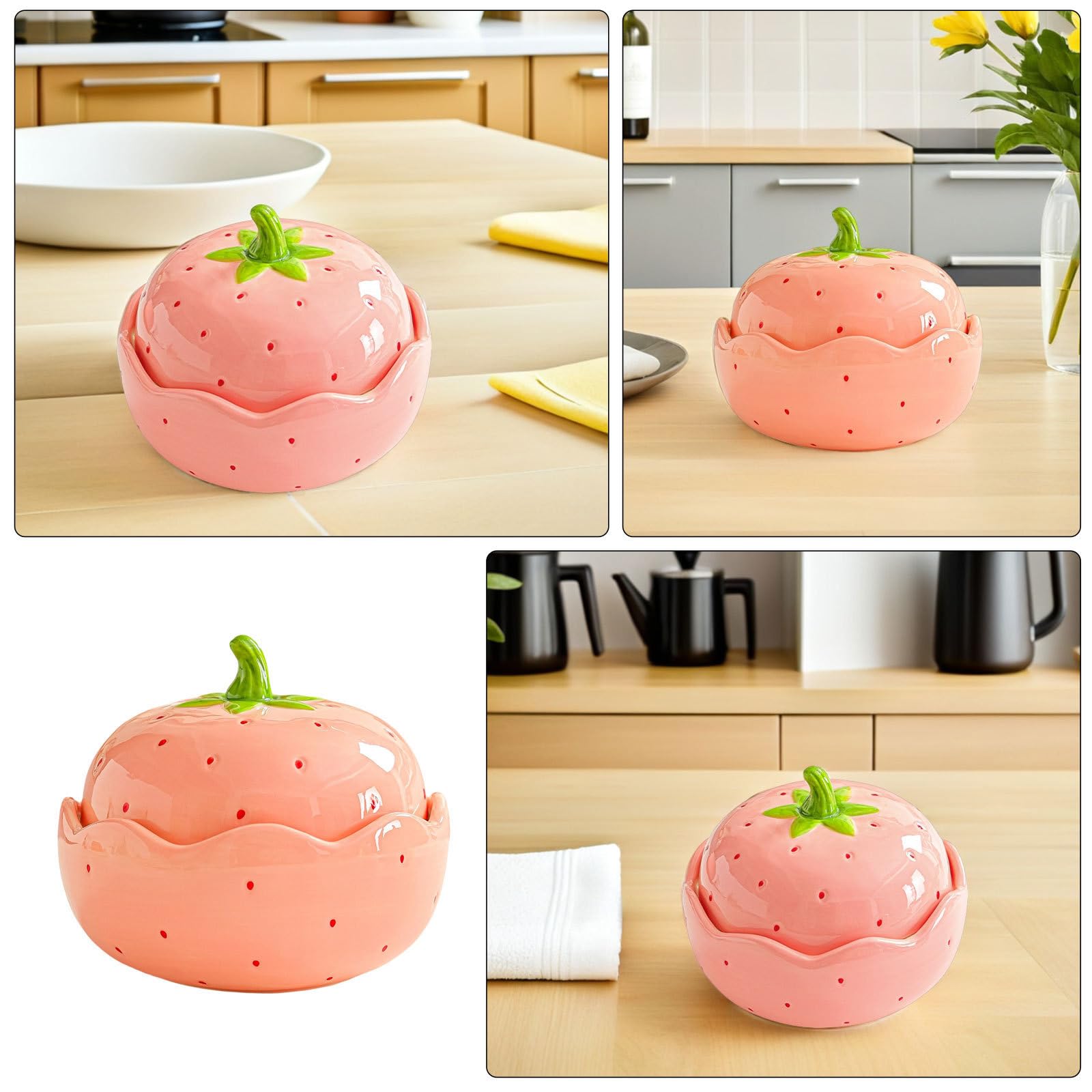 Kichvoe Tazón de Ramen de Cerámica Rosa Fresa con Tapa, 600 Ml | Diseño Decorativo Encantador, Apto para Rutinas Diarias y Trabajo, Conserva el Calor Frescura