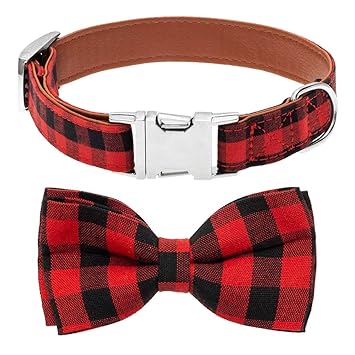 Adjustable Dog Collar with Bowtie Classic Red and Black Plaid with Metallic Buckle Collars for Medium to Large Dogs
