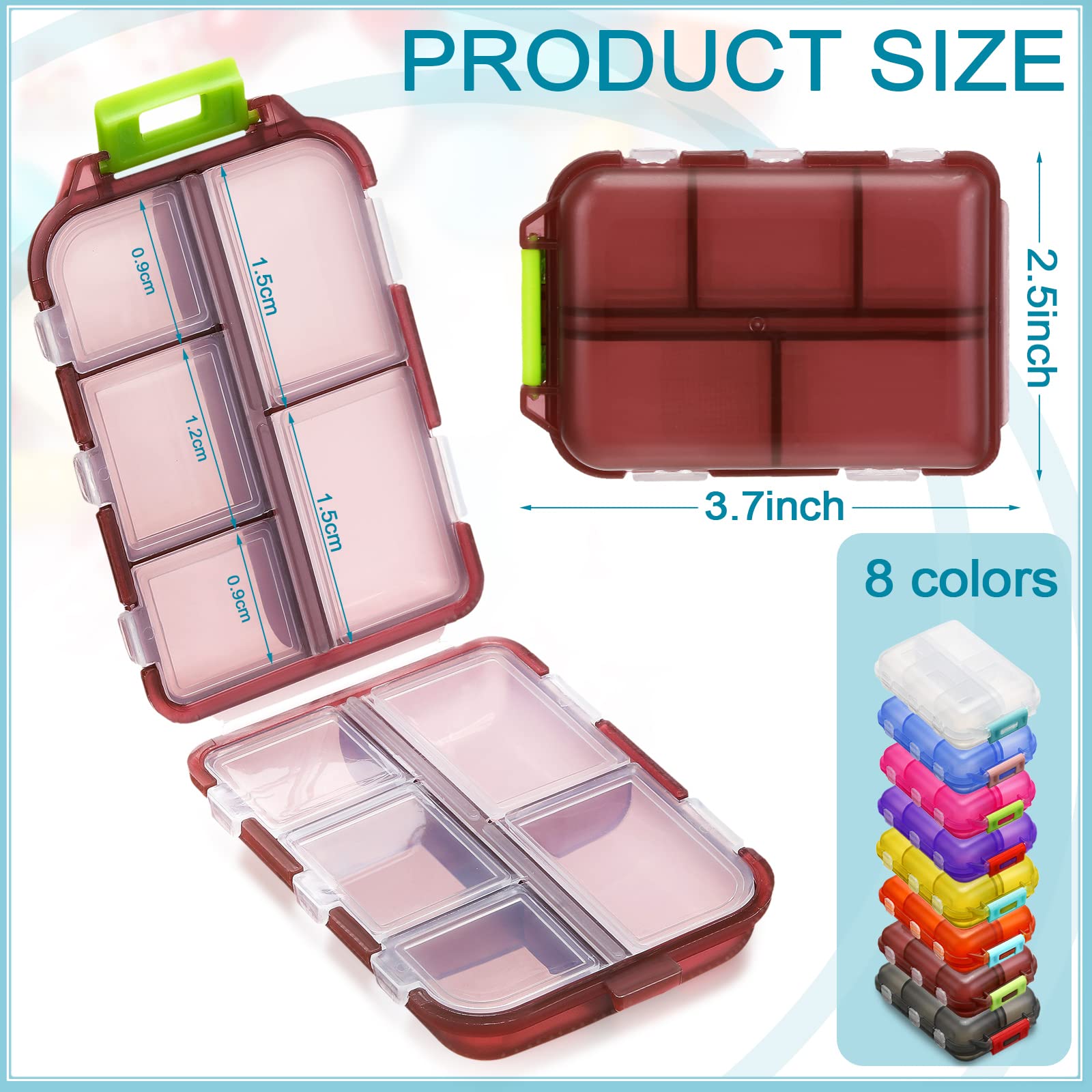 Mumufy Lot de 32 piluliers portables à 10 compartiments pour pilules de voyage quotidiens pour vitamines et poissons, huiles, différents médicaments, 8 couleurs