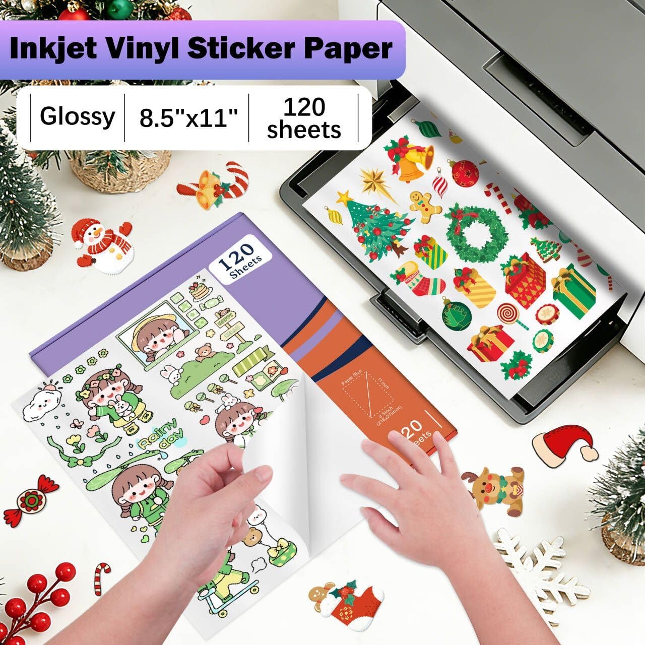 120 Sheets Premium Printable Vinyl Sticker, Vinyl Glossy White Waterproof Sticker, Suitable for Inkjet Printers, Dries Quickly, Vivid Colors, Tear Resistant, 8.5x11" Great for Cutting Machines