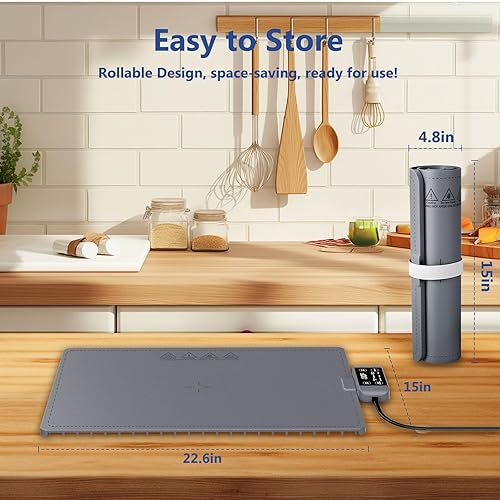 Miniatura 7 de Tapete eléctrico impermeable para calentar alimentos, bandeja de calentamiento de silicona de grado alimenticio con 17 ajustes de temperatura y