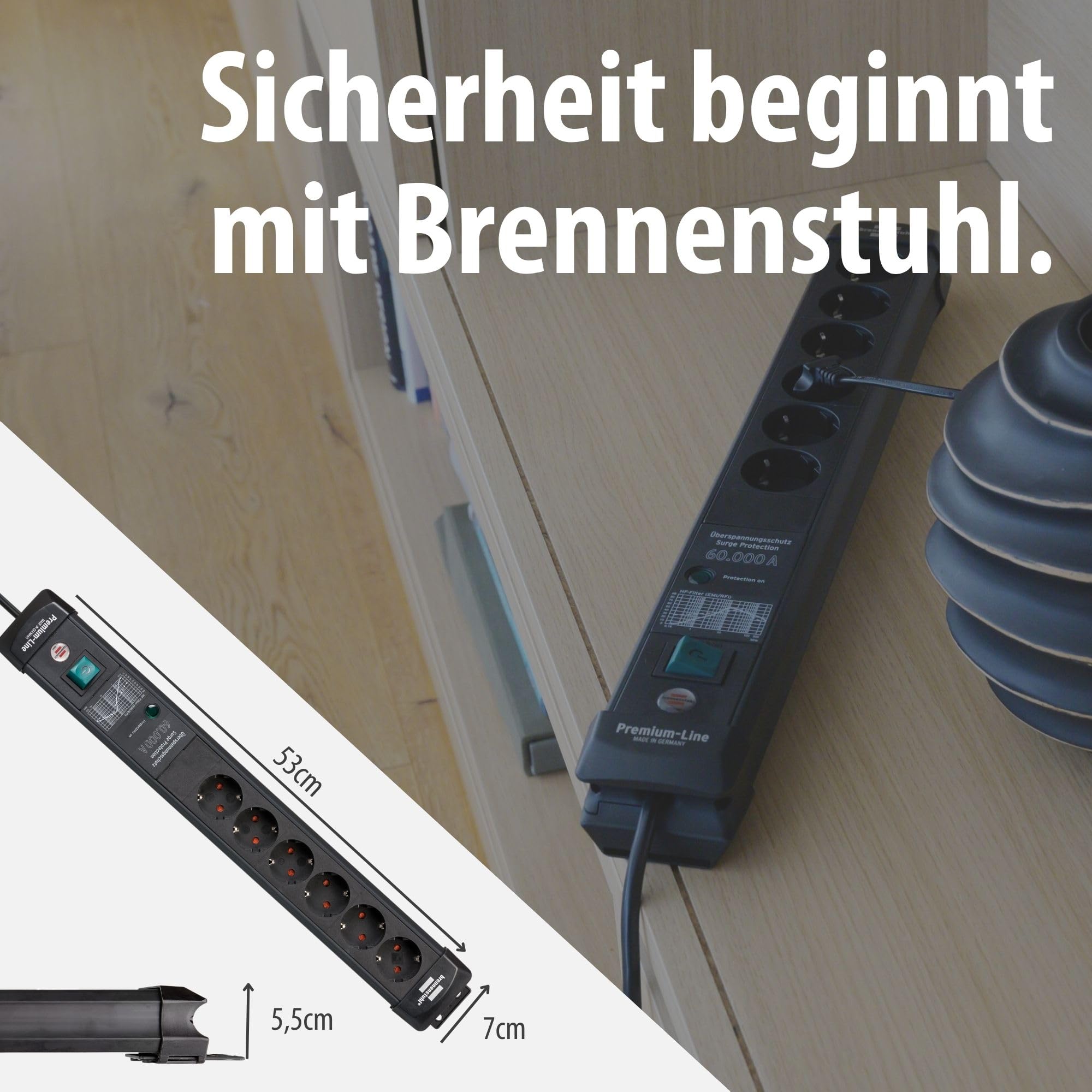 Brennenstuhl Premium-Line Steckdosenleiste 6-Fach mit Überspannungsschutz | Bis zu 60.000 A, Mehrfachsteckdose mit Schalter und 5m Kabel, Steckdosenleiste Wandmontage, Made in Germany, schwarz