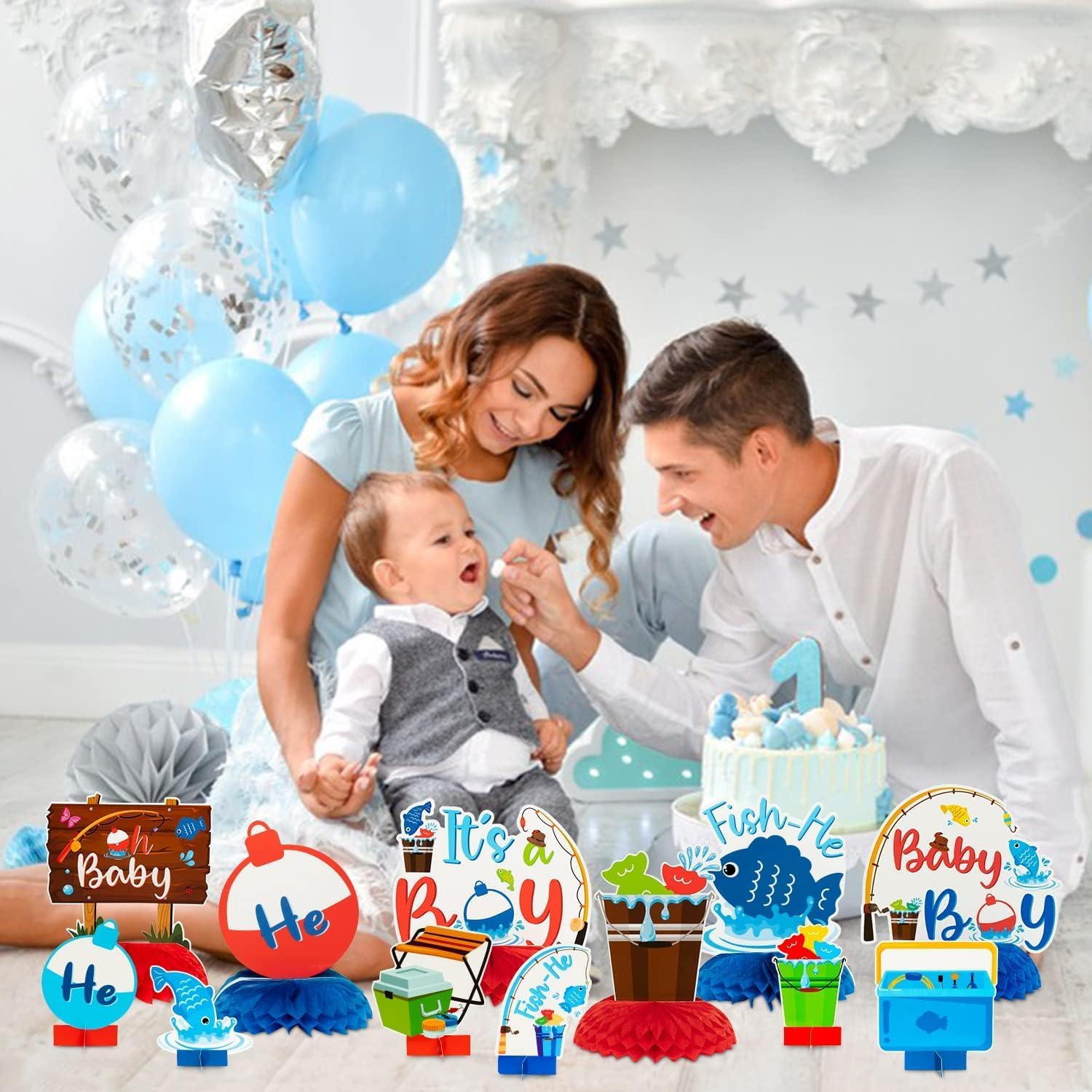 ANGOLIO 12Pcs Gone Fishing Baby Shower Party Centerpieces Gender Reveal Table Topper Honeycomb Party Decorations Summer 3D Fishing Table Decor for Summer Baby Boy Birthday Party Supplies Photo Props