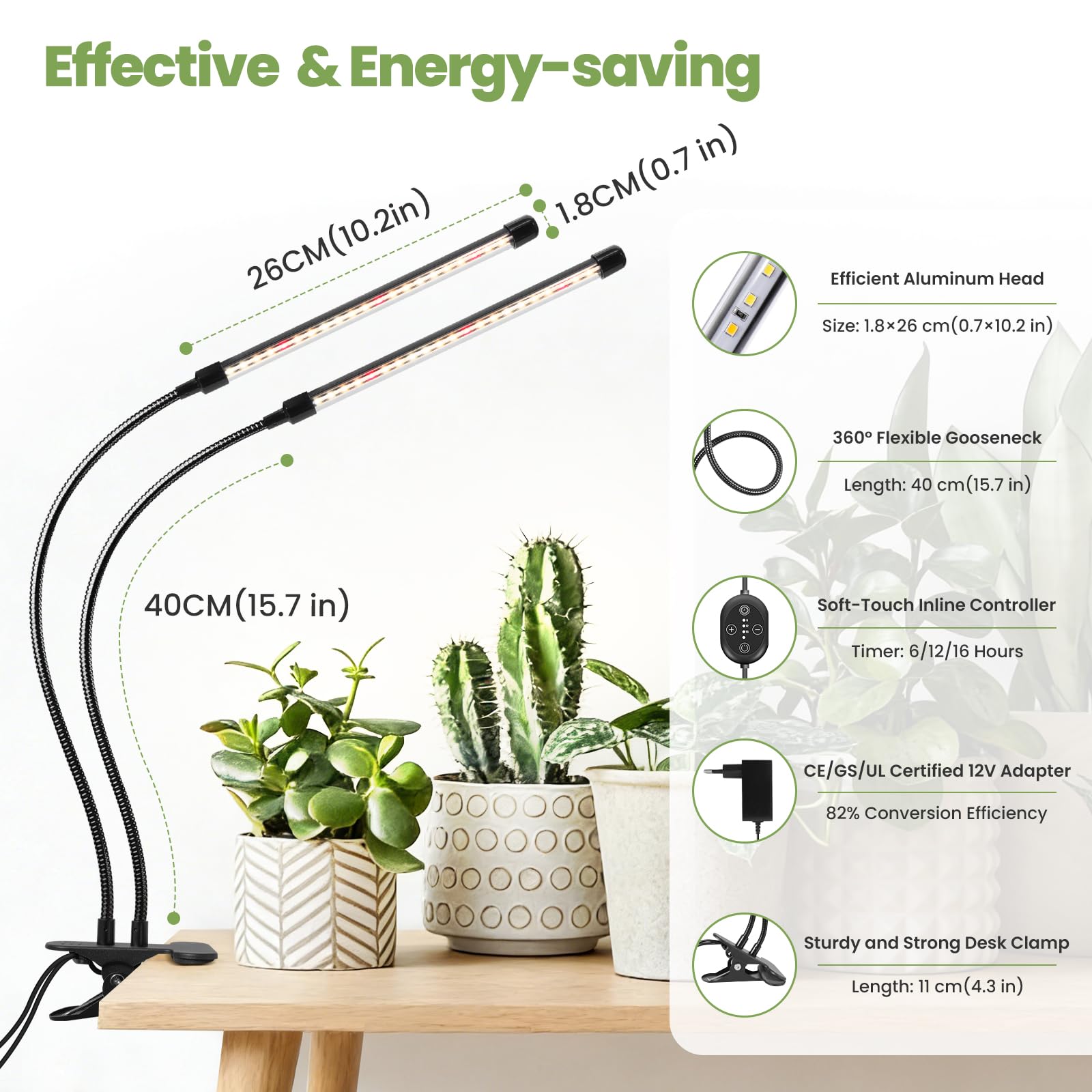 Lampada LED per Piante da Clip 12V, spettro completo con rosso 660nm potenziato, timer e dimmer, PPFD alto 160 µmol/s/m²@15cm, 10W luce di crescita ideale per coltivazione piante indoor.