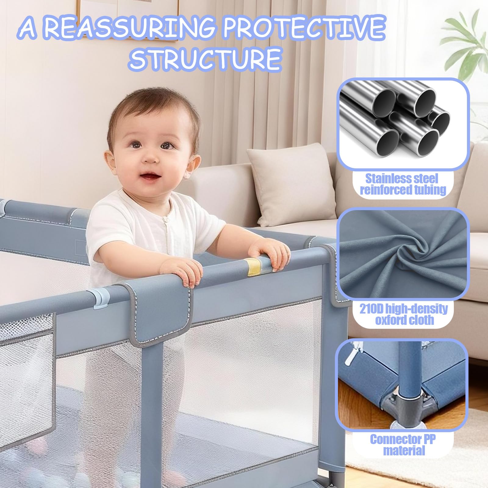 Verdego Parc Bebe 150x180x66cm, Parc Enfant avec 50 Boules de Fosse, 4 Anneaux de Traction, Mini Vannerie, Tissu 210D Oxford et Acier Inoxydable, Espace de Jeu Sécurisé pour Enfants (gris clair)