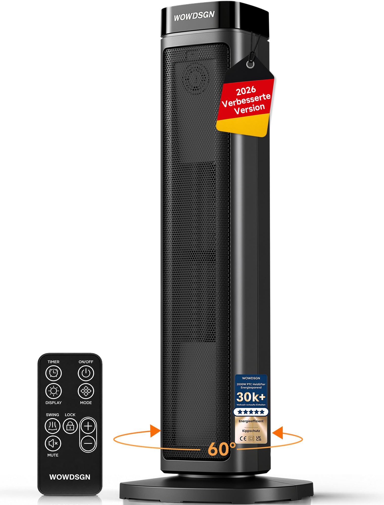 WOWDSGN 2000W Turm-Heizlüfter, Heizlüfter Energiesparend, Leise 3400 r/min | ECO-Modus bis zu 40% Energieersparnis, leise 34 dB, 24H Timer, Fernbedienung, Kipp- und Überhitzungsschutz, Kindersicherung