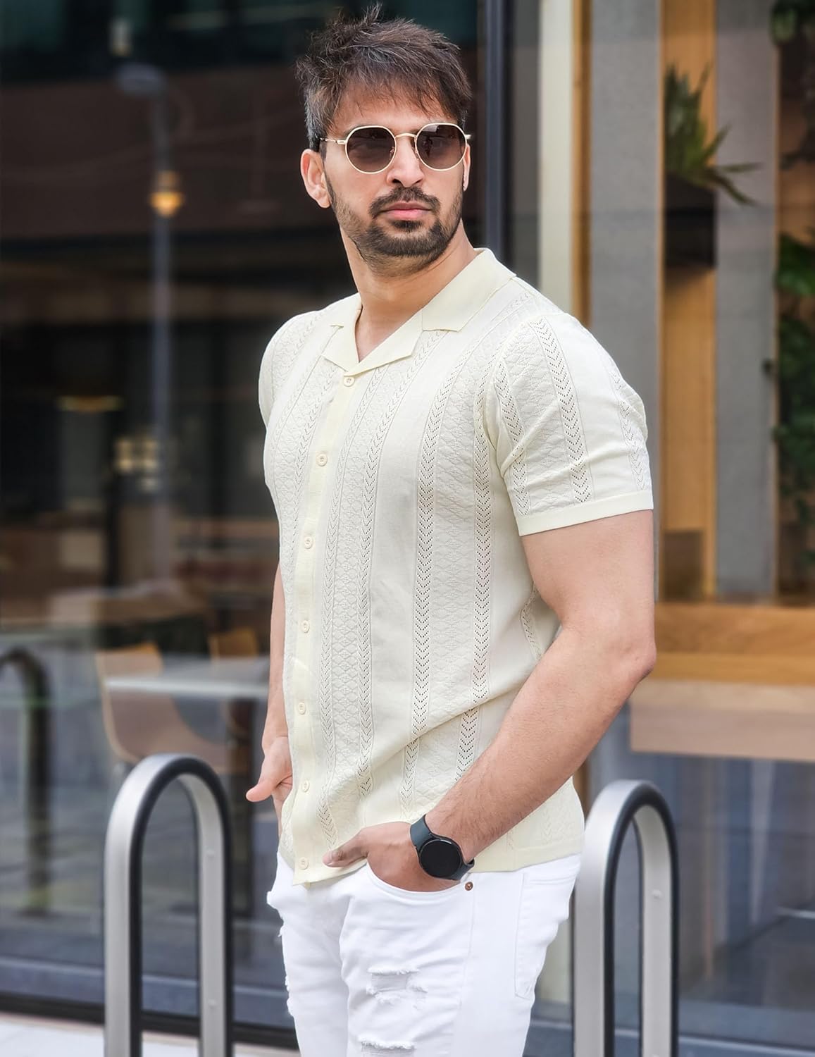 COOFANDY Men's Knit Shirts Vintage Short Sleeve Button Down Shirt Casual Summer Beach Shirt - Image 2