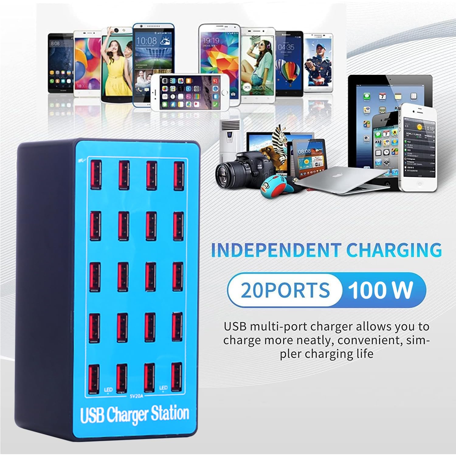 Caricatore Multiplo, Stazione di Ricarica a 20 Porte USB da 100W/20A, Hub di Alimentazione Compatibile Con iPhone 12/13/14/15, Samsung S24/S23/S22, Google, Tablet