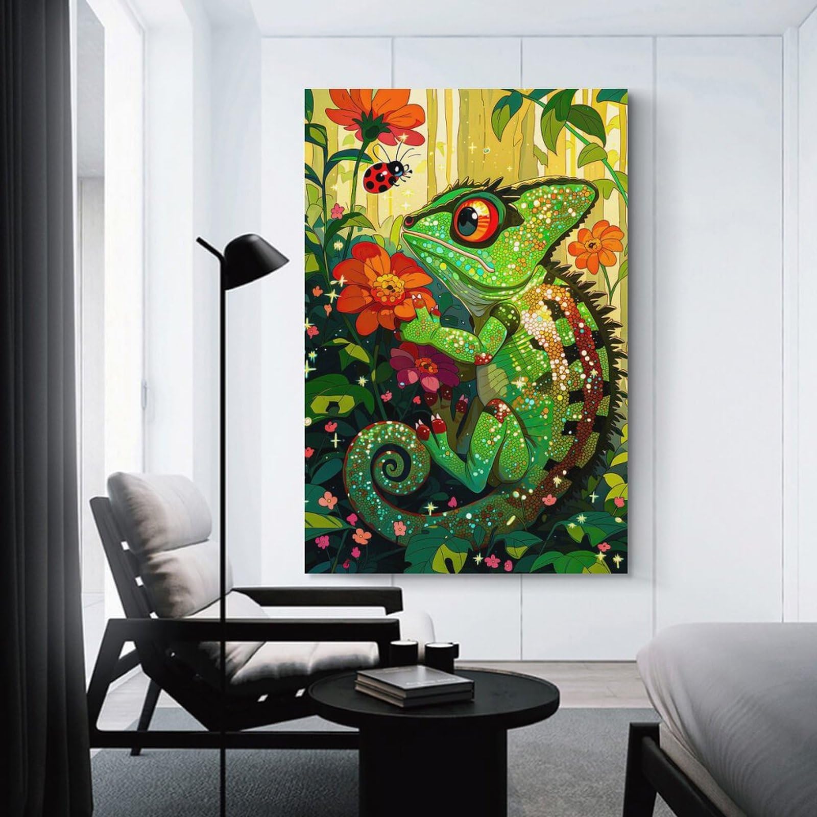 Junmoney Unframe-Style-5 Canvas Wall Picture Chameleon And Ladybug In A Garden, 24X36inch(60X90cm), For Bedroom, Lounge Or Dressing Area, Stylish Decor For A Restful Room Update