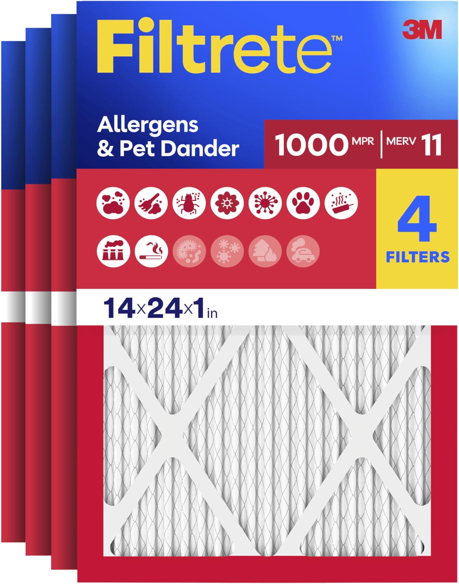 Filtrete 14x24x1 Air Filter, MERV 11, MPR 1000, Allergens & Pet Dander, 3-Month AC and Furnace Filters, Cleaner Air, Reliable Airflow, 4 HVAC Filters (Actual Size 13.68 x 23.68 x 0.81 in)