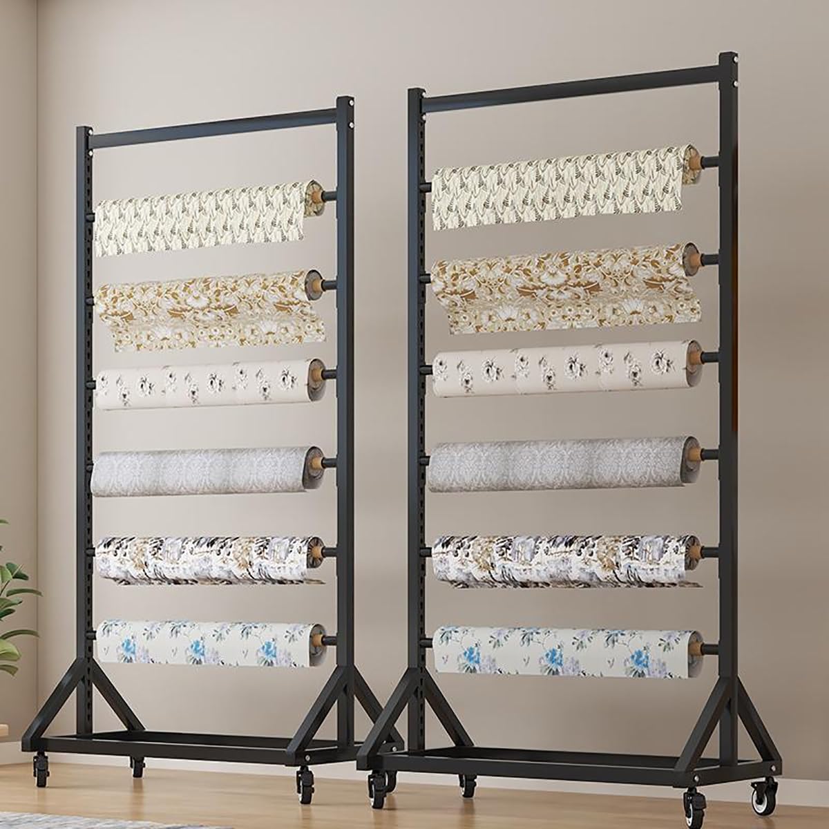 Supporto per rotoli di tessuto commerciale, supporto organizer in acciaio resistente con rulli a 360° e asta di sospensione regolabile, espositore per rotoli di vinile, tovaglie(6T,186cm)