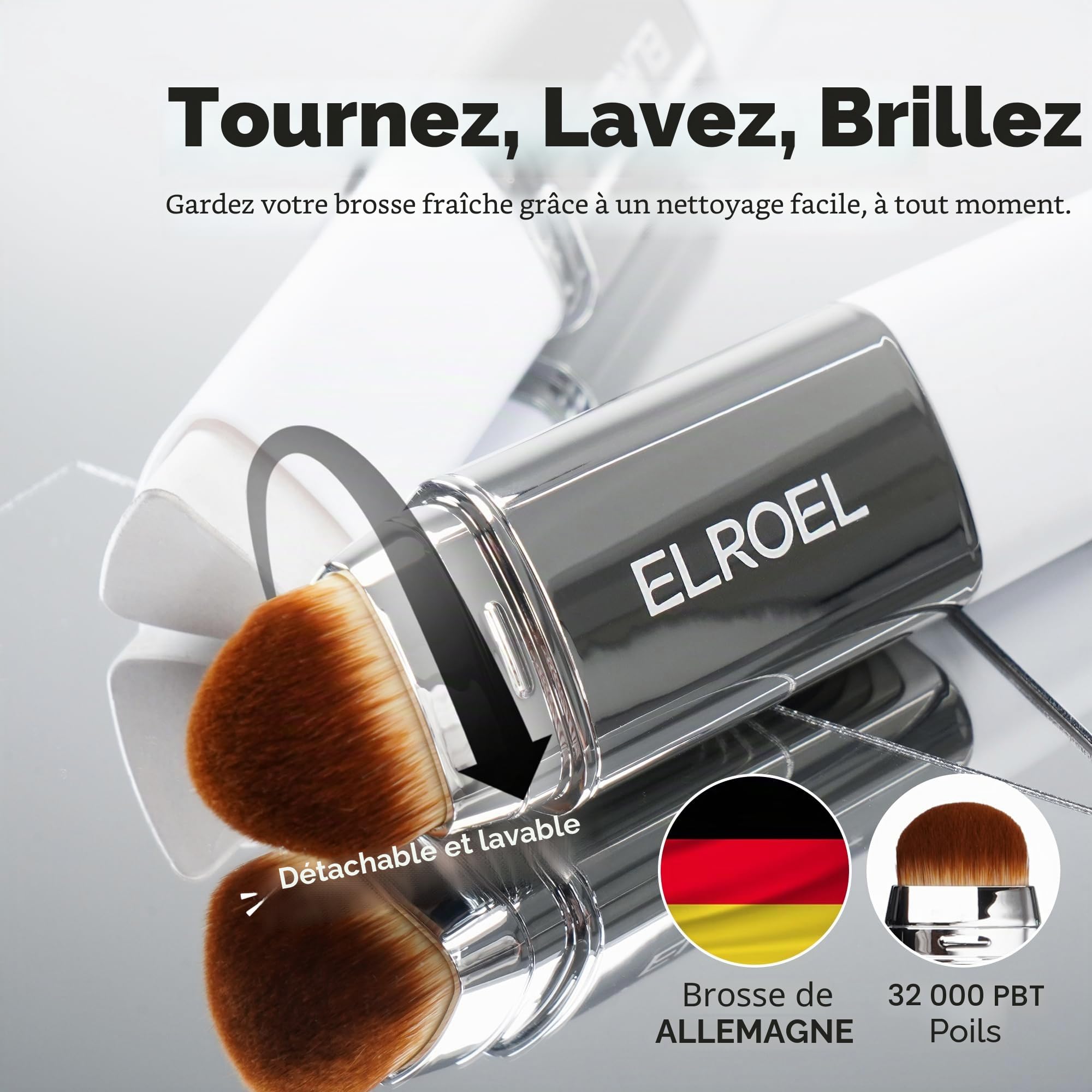 ELROEL BLANC Cover Cream Stick V - Fond de teint coréen à changement de couleur avec pinceau amovible - Couvrance complète à moyenne (60 g, naturel)