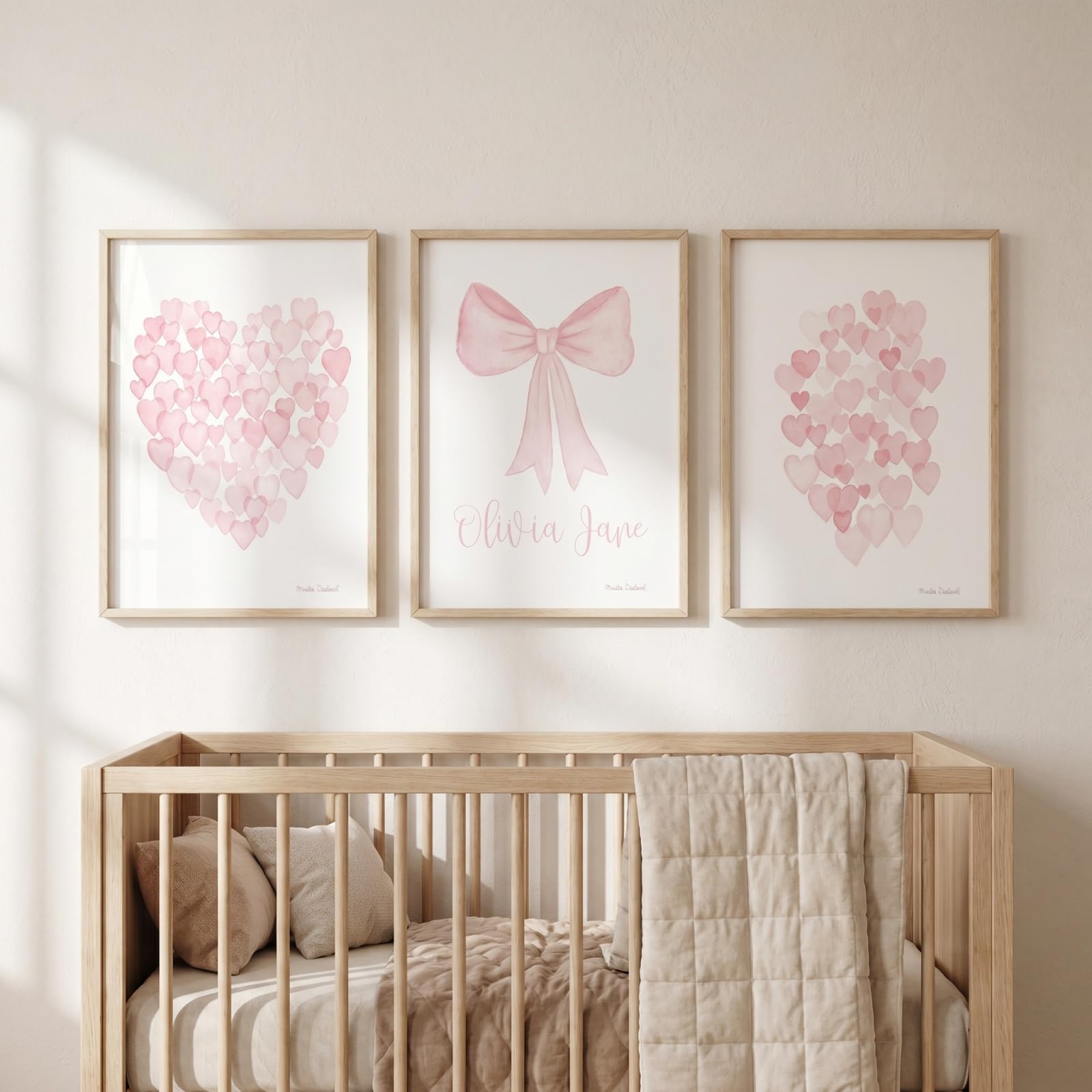 JORCEDI Pink Coquette Canvas Wall Art Set of 3, Pastel Bow Heart Watercolour Posters Prints, Nursery Girls Bedroom Decor, 21x30-50x70cm, Unframed (30x40 cm,A)