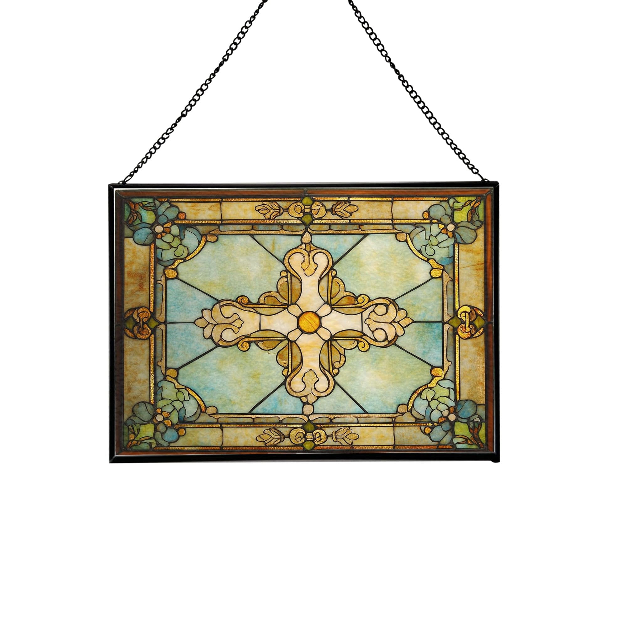Mission Style Tiffany Glass Window Panel, Handmade 13 x 9.5 Inch Rectangle Hanging Art with Chain, Stained Glass Decor for Living Room or Hallway 90OR6
