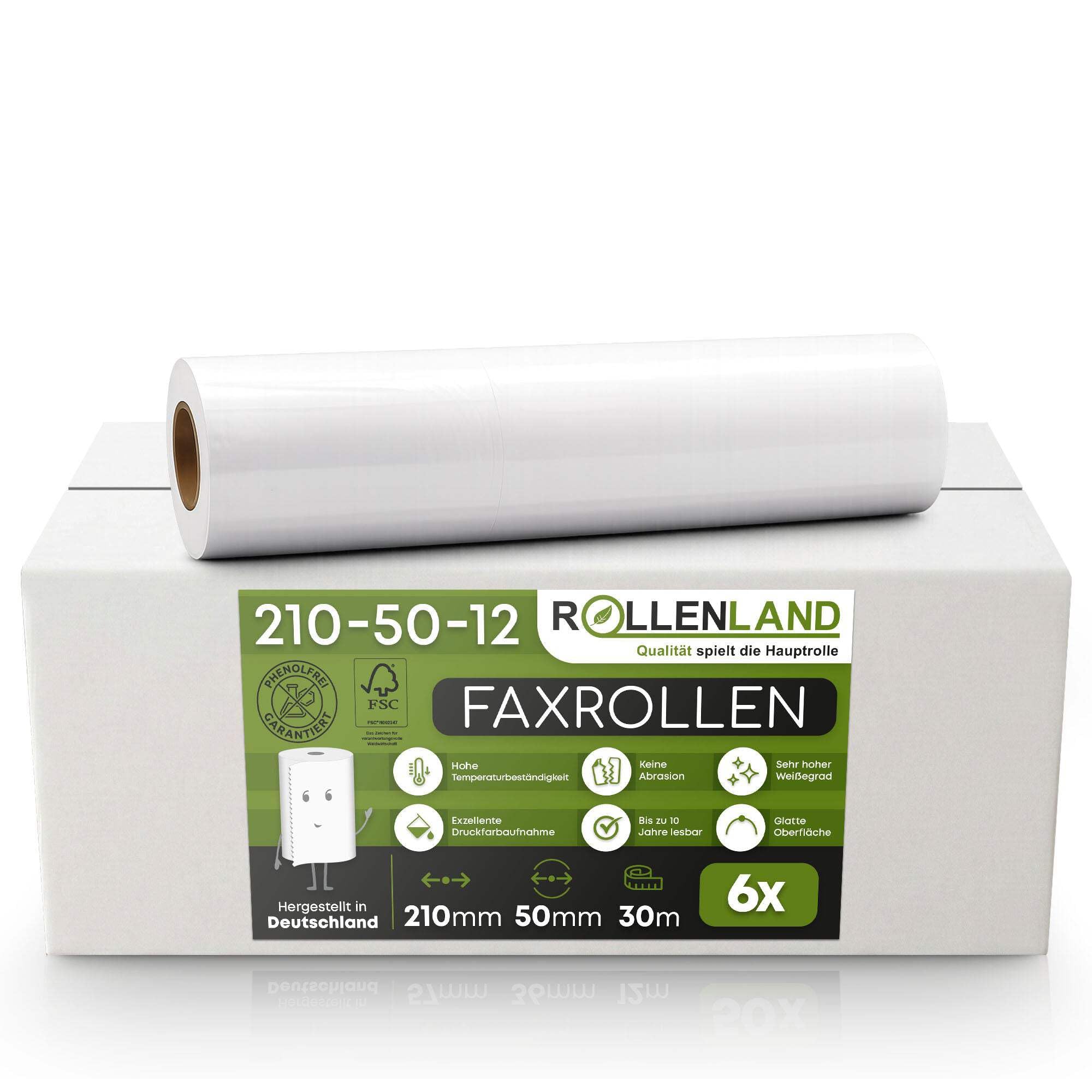 ROLLENLAND 6 Faxrollen 210x50x12 [30 m Lauflänge & BPA frei] Thermopapier Faxpapier, Fax Rolle 210 mm, Bonrollen, 55 g/qm