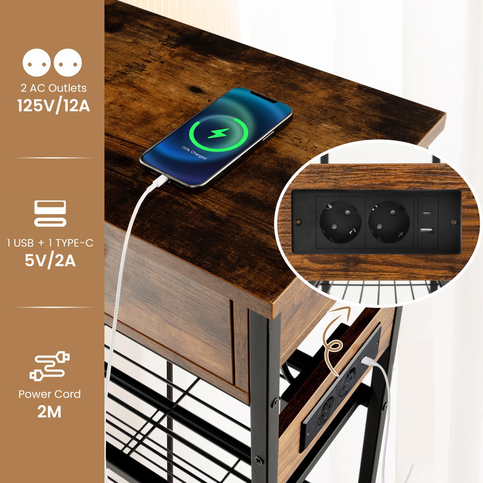 LIFEZEAL Mesa de Consola con Toma de Corriente y Puertos USB, Mesa de Pasillo Industrial Puertos USB, Mueble de Entrada con 2 Cajones, 81 x 30 x 81 cm, Marrón