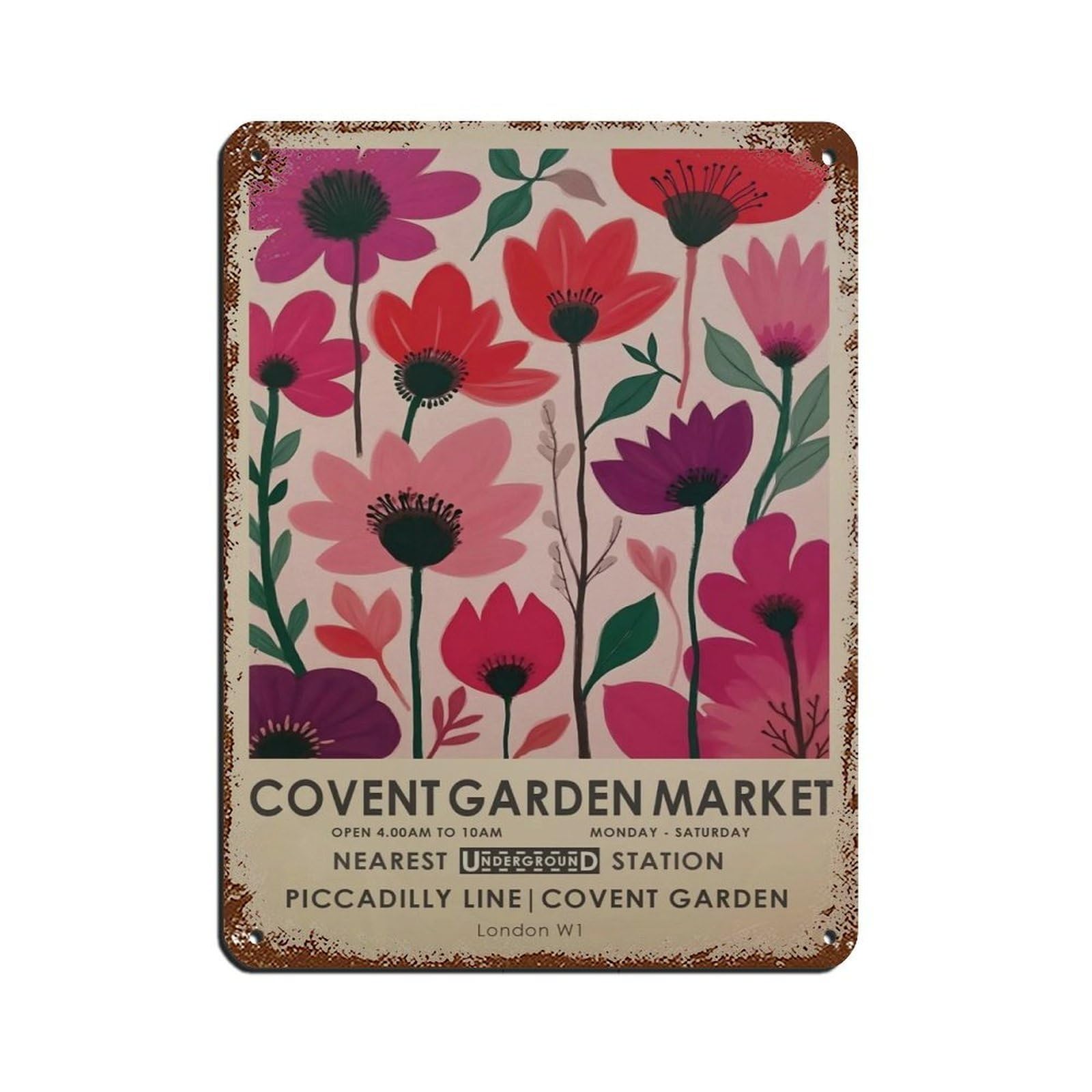 Covent Garden Market, Pink Floral Retro Poster Metal Tin Sign Chic Art Retro Iron Painting Bar People Cave Cafe Family Garage Poster Wall Decoration 12x16inch(30x40cm)