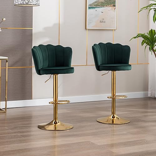 Miniatura 4 de LZAREAL Juego de 2 taburetes de bar giratorios de terciopelo modernos de altura ajustable con respaldo de pétalos y reposapiés dorado, taburetes de